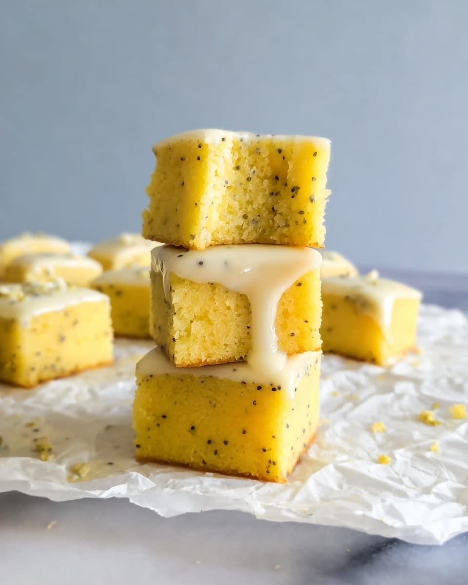 The image shows a tall stack of three square yellow cake pieces with specks of black poppy seeds inside. The top piece has a bite taken out of it, revealing its soft crumbly inside texture. Each cake piece is coated loosely with a light creamy glaze, some dripping down the sides. The stack is placed on crumpled white parchment paper covering a white marbled surface. Around the stack, there are more similar cake squares scattered loosely with the glaze shining softly under natural light. The background is plain and softly blurred photo taken with an iphone --ar 4:5 --v 7