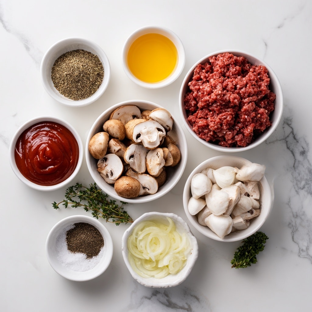 A white pan filled with eight round, brown meatballs sitting in a thick, shiny brown sauce. Sliced light brown mushrooms are scattered among the meatballs, with some thin, pale onion strips mixed in, all covered slightly by the sauce. Small green herbs are sprinkled on top, adding a soft touch of color. The pan is on a white marbled surface with a white cloth partially visible near its edge. Photo taken with an iphone --ar 4:5 --v 7