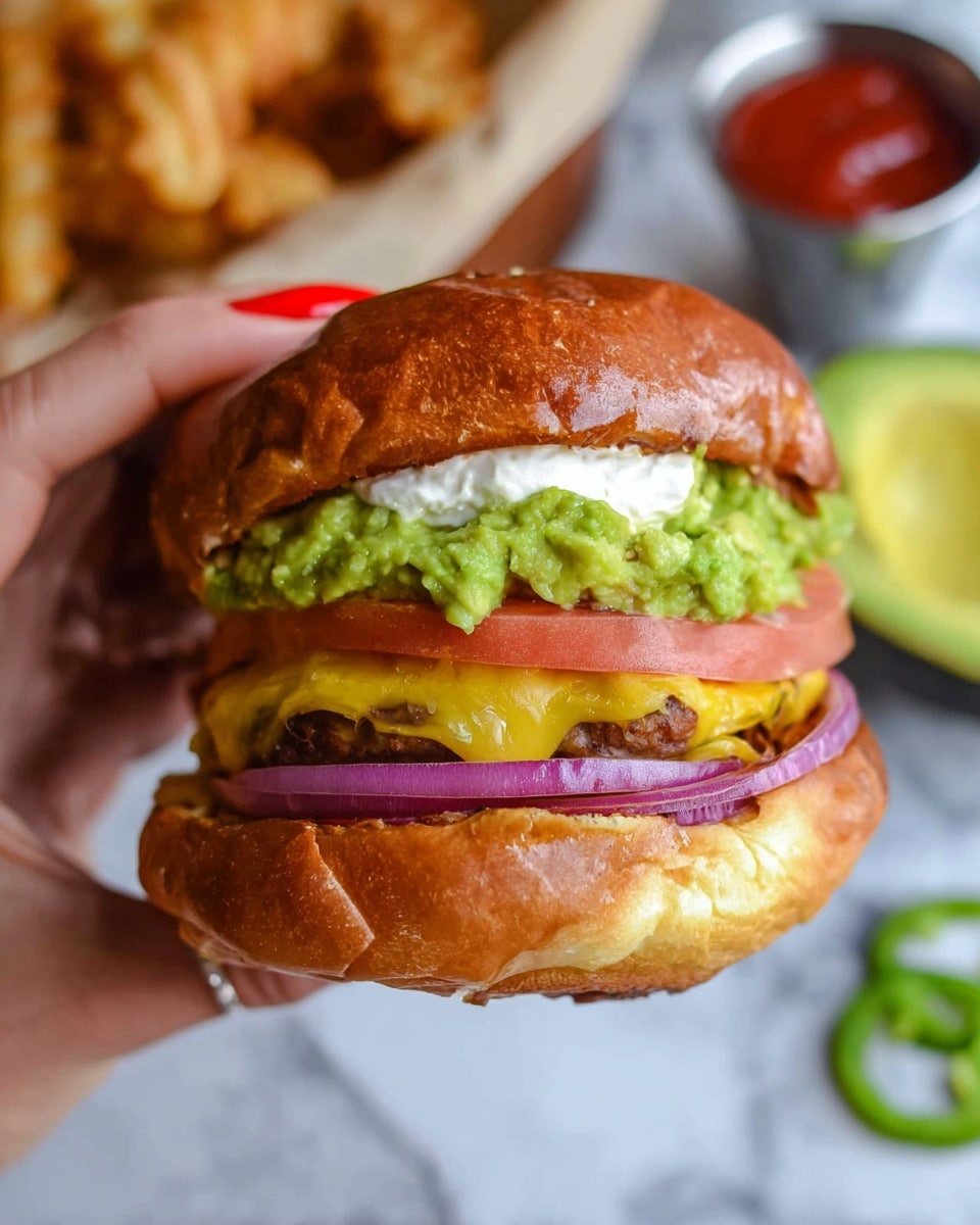 A close-up of a sandwich held by a woman's hand with red nail polish, showing five visible layers. The top layer is a shiny golden brown bun, soft and slightly wrinkled. Below that, there is a thick layer of bright green mashed avocado with a dollop of white sauce on top. Under the avocado, melted yellow cheese covers a thick, grilled patty with a slightly charred texture. Next is a thick slice of red tomato, resting on two layers of purple-red onion rings. The bottom layer visible is a pale golden brown bun. In the blurred white marbled background, there are a few crinkle-cut fries, a small metal cup of red ketchup, and some green sliced pepper. Photo taken with an iphone --ar 4:5 --v 7