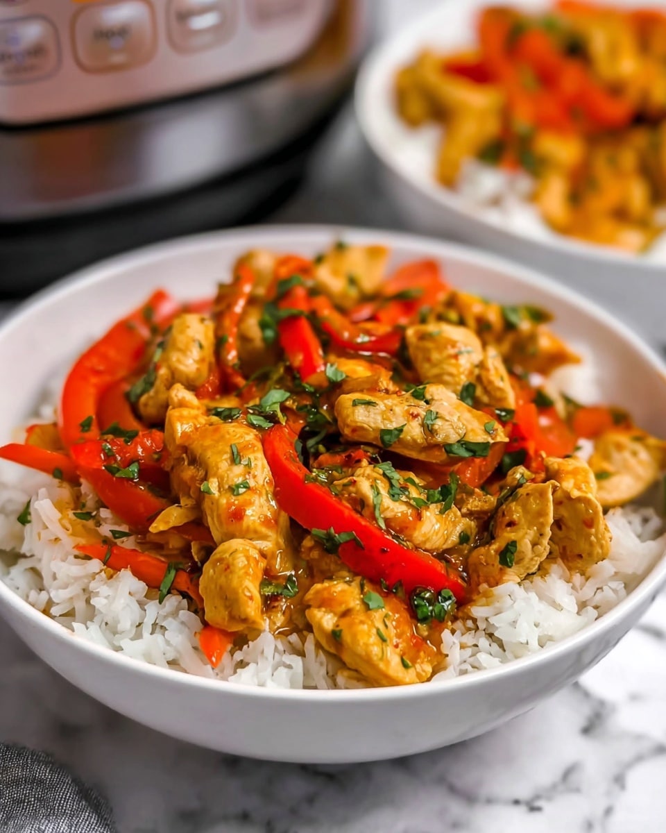 A white bowl filled with a base layer of white rice topped with a thick layer of cooked chicken pieces mixed with red bell pepper strips and green herbs. The chicken and peppers have a slightly shiny, well-coated texture from sauce, showing warm orange and red tones. The bowl is on a white marbled surface, and in the background, there is a blurred white bowl with the same dish and part of a kitchen appliance. Photo taken with an iphone --ar 4:5 --v 7