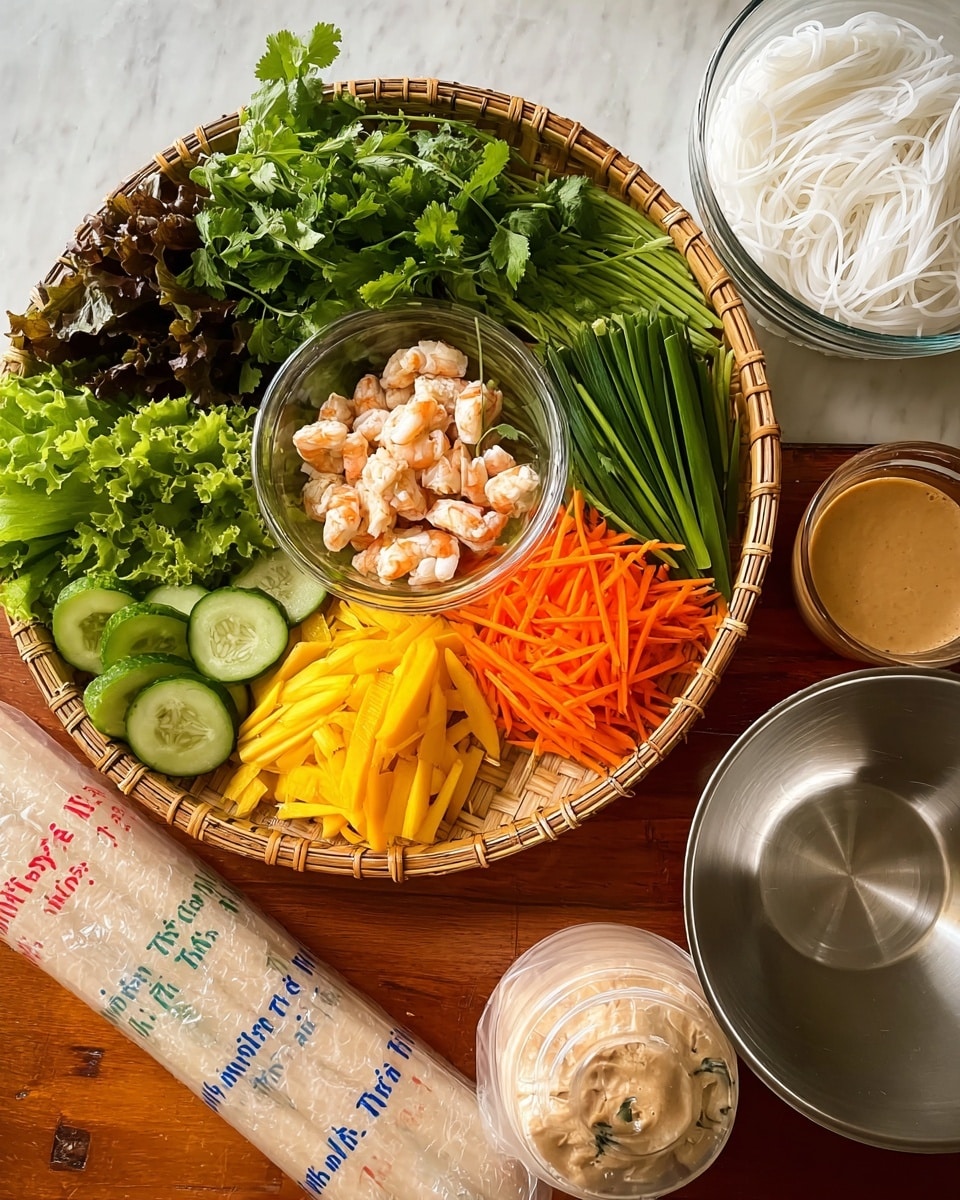 A round wicker basket holds fresh ingredients for spring rolls on a wooden table with a white marbled texture background. Inside the basket, there are dark leafy greens, bright orange shredded carrots, yellow shredded mango or papaya, light green lettuce, fresh green cilantro, cucumber slices, and long green onions. In the center of the basket, a small clear glass bowl contains cooked light tan chicken pieces and orange shrimp. Next to the basket, there is a clear glass bowl filled with white rice noodles. Below, a clear round container holds light brown peanut sauce. A stack of round rice paper sheets wrapped in transparent plastic with red and blue writing is laid flat near the bottom of the image. A shiny metal mixing bowl is placed to the right of the basket. Photo taken with an iphone --ar 4:5 --v 7