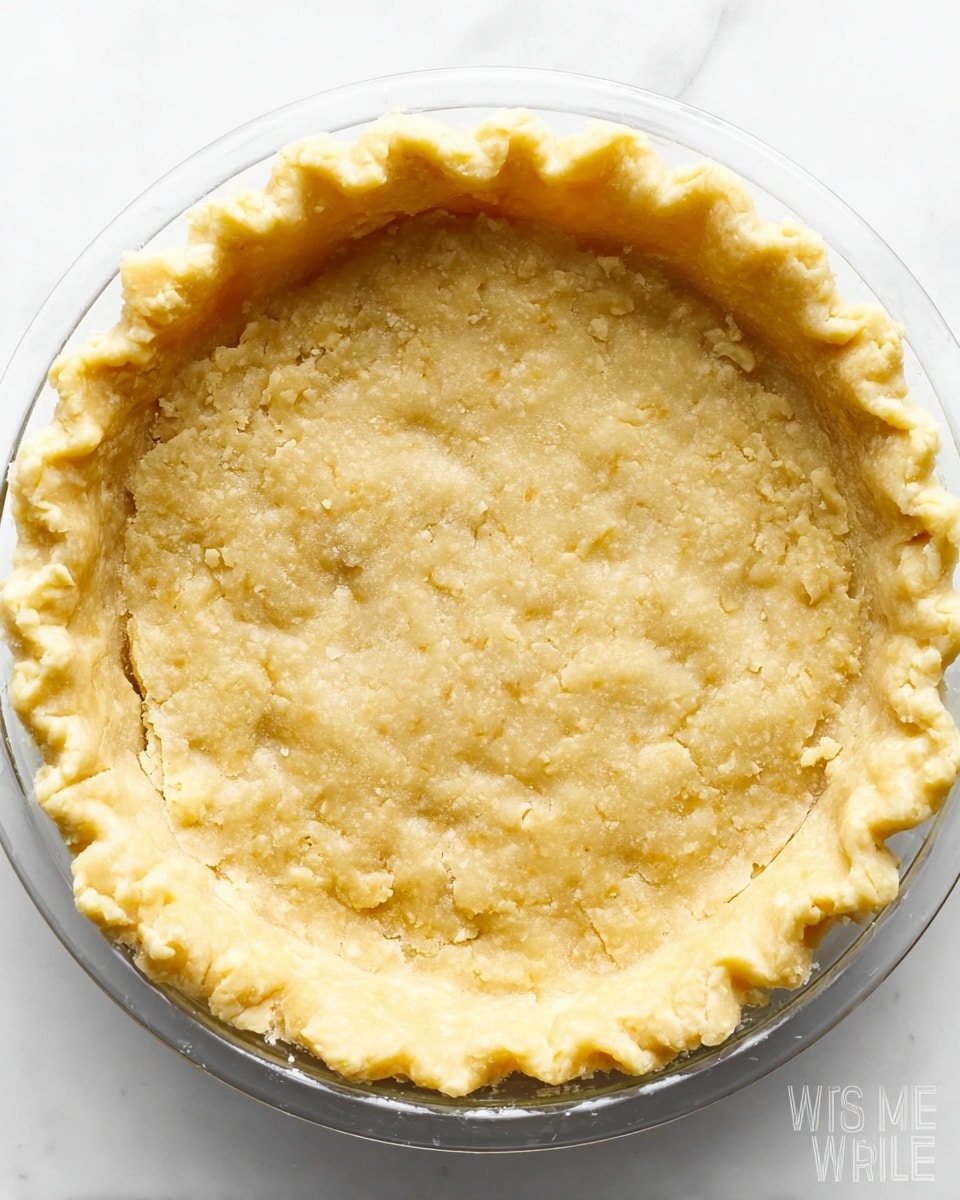 The image shows an unbaked pie dough in a clear glass pie dish placed on a white marbled surface. The dough is evenly spread inside the dish with a slightly rustic but smooth texture, pressed neatly against the sides, and with a fluted edge all around the top of the pie crust. The dough has a pale yellow color with small uneven patches and visible specks, giving it a homemade look. Photo taken with an iphone --ar 4:5 --v 7