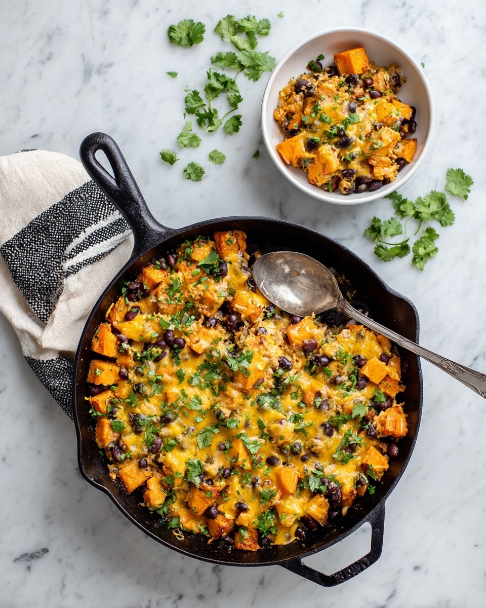 A black skillet filled with a layered dish that has chunks of orange sweet potatoes and scattered black beans as the first layer, topped with melted golden-yellow cheese that looks stretchy as a spoon lifts a portion. Fresh green cilantro leaves are spread on top, adding a fresh look to the cheesy layer. The person holding the spoon has a woman’s hand visible, lifting a warm, cheesy, and colorful serving from the skillet. The skillet sits on a white marbled surface with part of a white plate and a striped cloth visible nearby. photo taken with an iphone --ar 4:5 --v 7