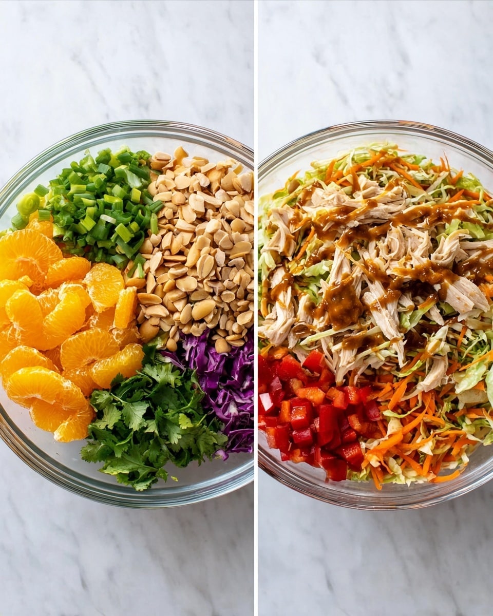 The image shows two clear glass bowls on a white marbled surface, each filled with ingredients for a colorful salad. The first bowl is neatly arranged with distinct sections that include green chopped scallions in the top left, light tan chopped almonds below them, shredded light brown chicken on the left, fresh orange mandarin slices with a drizzle of brown dressing in the center, finely chopped red bell pepper to the bottom right, fresh green cilantro at the bottom left, purple cabbage and light green shredded cabbage in the right section, and shredded orange carrots near the top right. The second bowl shows all the ingredients mixed together, forming a colorful salad with the shredded chicken, cabbage, carrots, bell pepper, and cilantro evenly spread with bits of almonds and mandarin pieces all coated lightly with brown dressing. Photo taken with an iphone --ar 4:5 --v 7