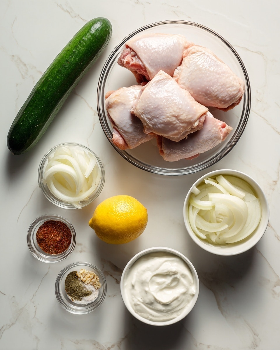 The image shows several clear and white bowls arranged on a white marbled surface with cooking ingredients. At the top right, a large clear bowl holds six raw chicken thighs with a pinkish color and white fat. Below and slightly to the left of that are thinly sliced white onion pieces in a clear bowl. Near the center is a whole yellow lemon. To the left of the lemon are two small clear bowls containing mixed seasoning powders in shades of brown, red, and white, and minced pale yellow garlic. Above these is a white ramekin filled with thick, white Greek yogurt. A long, dark green cucumber lies horizontally on the far left. The setting is clean and bright, focusing on the fresh and raw ingredients. Photo taken with an iphone --ar 4:5 --v 7
