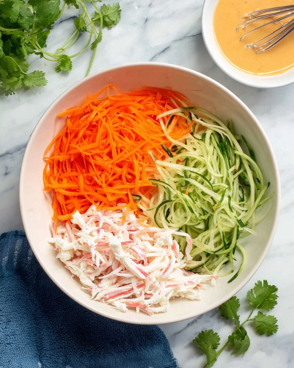 A white bowl sits on a white marbled surface, divided into three clear sections inside. One section has thin, long orange carrot strips, looking fresh and crisp. Another section holds thin, long green cucumber strips, with a fresh and moist texture. The last section is filled with white and pink crab stick strips, soft and slightly curly. Near the bowl on the top right, there is a small white bowl with light orange sauce and a whisk inside. Some fresh green cilantro leaves and a blue cloth are placed around the bowl on the marbled surface. photo taken with an iphone --ar 4:5 --v 7
