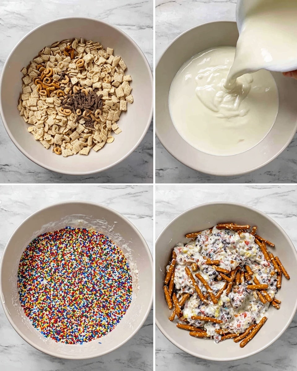 The image shows four steps of mixing a snack inside a large white bowl with a shiny smooth texture, set on a white marbled surface. First, there is a layer of dry ingredients made up of light brown square cereal pieces, small ring-shaped cereal, and long thin pretzel sticks, with a rough texture and varied shapes, arranged evenly inside the bowl. The second step shows thick, white creamy liquid being poured over the dry layer from a white pitcher, spreading unevenly on top. In the third step, all ingredients are mixed together, covering the cereal and pretzels with the white creamy coating, creating a heavier textured, clumped mixture. Finally, the mixture is topped with many small round colorful sprinkles in red, blue, yellow, black, and green, spread over the coated snack, adding bright spots of color. Photo taken with an iphone --ar 4:5 --v 7