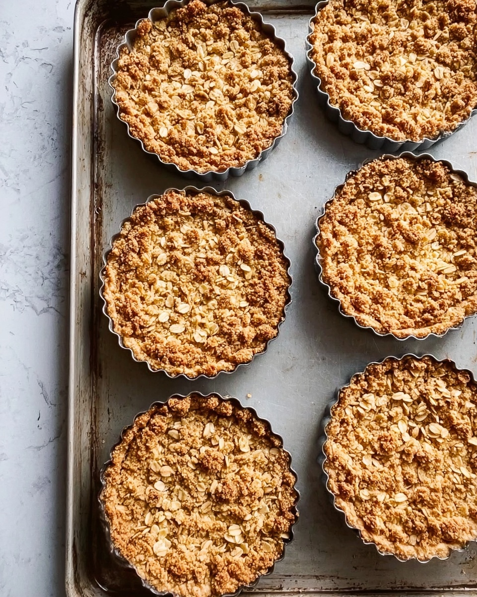 The image shows five round tart pans filled with an oat and crumb topping. Each pan has a golden brown layer of oats with a rough, crunchy texture, spread evenly to the edges but without any filling visible underneath. The pans have scalloped edges and are placed on a silver baking tray with a slightly worn surface. The overall look is warm and crunchy, with the oats showing light and darker toasted spots. The background surface under the tray is a white marbled texture. Photo taken with an iphone --ar 4:5 --v 7