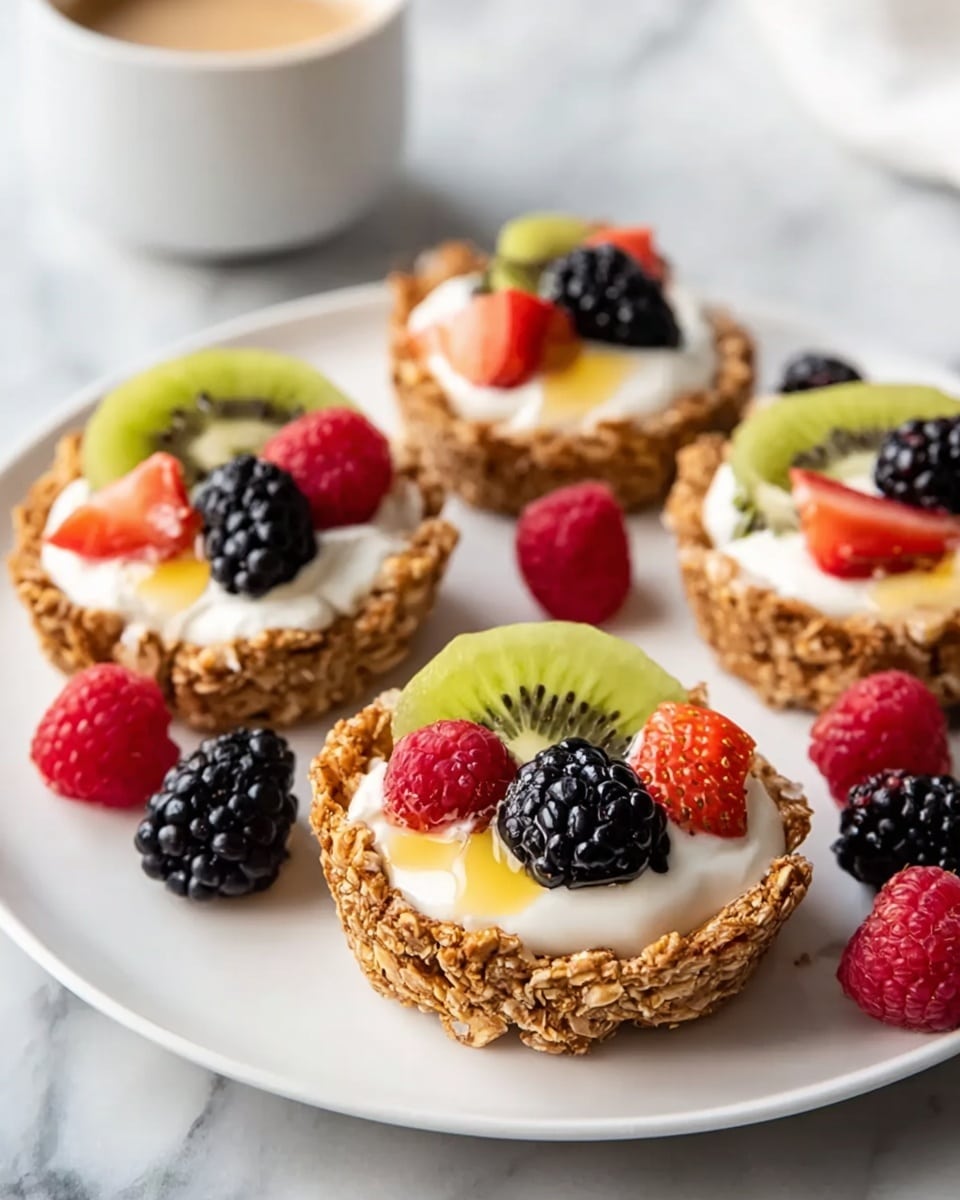 A white plate with four small round granola tart shells as the base, each with a rough, crunchy texture in light brown color. Inside each tart is a layer of white cream with a smooth texture, topped by colorful fresh fruit slices and whole berries placed on top: one or two green kiwi slices with black seeds, bright red raspberries, dark purple-black blackberries, and a small slice of red strawberry. A small drizzle of yellow sauce or syrup is visible on the cream. Around the plate are scattered whole raspberries and blackberries adding extra color. The plate rests on a white marbled surface, and a cup of light tan coffee with foam sits blurred in the background. Photo taken with an iphone --ar 4:5 --v 7