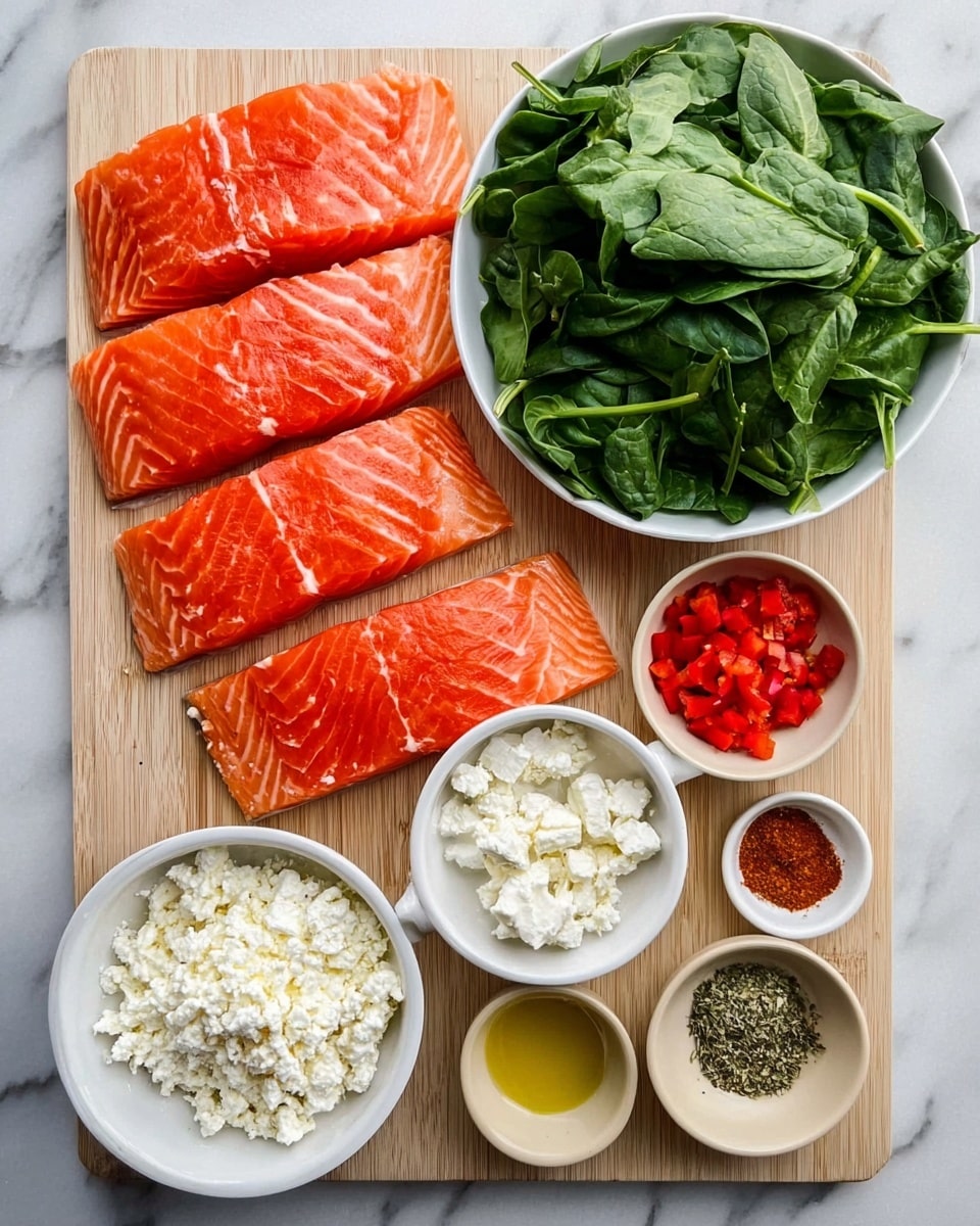The image shows six ingredients arranged neatly on a light wooden board placed on a white marbled surface. Three bright orange salmon fillets with white lines run across the top left of the board, showing a smooth and fresh texture. To the right, a white bowl is filled with vibrant green fresh spinach leaves that look crisp and dense. Below the salmon, there are four small white bowls: one contains crumbly white cheese, another holds small red diced peppers, a third has a yellow liquid olive oil, and the last has a mix of dried herbs with green and brown specks. Two small beige dishes sit above the cheese and pepper bowls, one containing a red spice powder and the other a green dried herb blend, both finely ground. The scene is evenly lit, clear, and minimalist. photo taken with an iphone --ar 4:5 --v 7