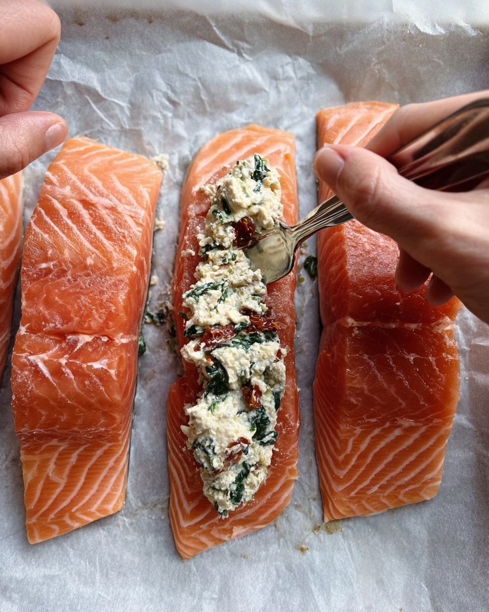 The image shows three raw salmon fillets laid flat on crinkled parchment paper over a white marbled surface. Each fillet has a deep orange color with visible white lines of fat. On the middle fillet, a woman's hand is gently holding the fish open while her other hand uses a silver spoon to scoop and spread a creamy filling made of white cheese mixed with green spinach leaves and small pieces of red sun-dried tomatoes. The filling has a slightly chunky texture and contrasts with the smooth, fresh salmon. The scene focuses on the careful preparation of the stuffed salmon fillet. photo taken with an iphone --ar 4:5 --v 7