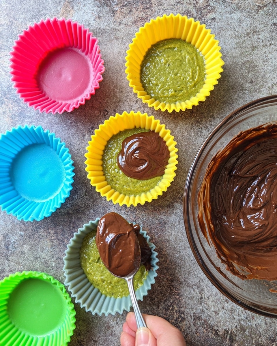 The image shows five colorful silicone cupcake molds on a rough background, each filled with a green batter layer. A woman's hand is holding a spoon with shiny dark brown chocolate batter, about to add a second smooth chocolate layer on top of one mold with green batter. To the right, there is a clear glass bowl filled with the same chocolate batter. The cupcake molds are in yellow, pink, green, blue, and red colors, arranged loosely across the surface. photo taken with an iphone --ar 4:5 --v 7