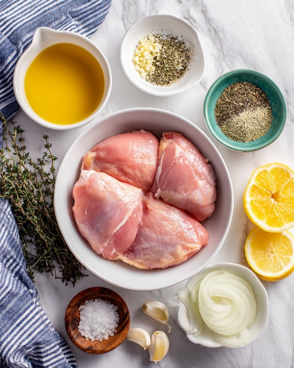 The image shows a white bowl in the center filled with four pink raw chicken pieces. Surrounding the bowl are small white and green bowls with different ingredients: yellow olive oil, light brown broth in a clear measuring cup, chopped white garlic, dried green thyme, dried green oregano, a mix of white salt and black pepper, and slices of white onion arranged like a small stack on the right side. There are also lemon slices and wedges placed near the top right and bottom left corners, along with whole garlic cloves in a small wooden bowl at the bottom left. The background is a white marbled texture with a blue and white striped kitchen towel partially visible at the bottom. The labels for each ingredient are marked in clear, bold text near each item. photo taken with an iphone --ar 4:5 --v 7