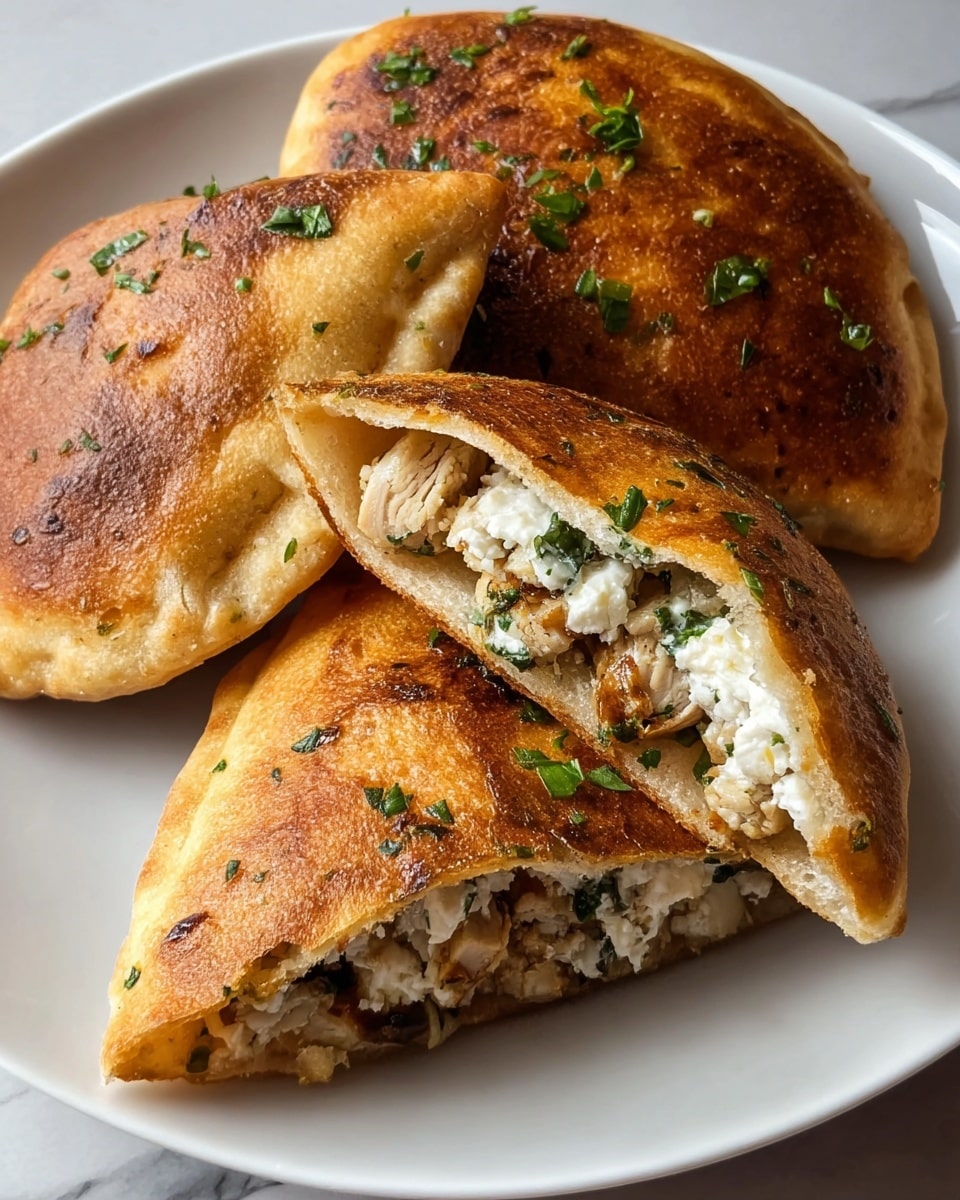 The image shows three small pita pockets on a white plate with a white marbled surface background. Each pita is toasted to a golden brown, with a slightly crisp outer layer and soft inner texture. The pitas are cut in half to reveal two layers inside: a creamy white cheese layer mixed with small green herb pieces, and a cooked ground meat layer with a light brown color and crumbly texture. The layers are neatly packed within the pita pockets, showing a close-up view with warm, natural lighting. photo taken with an iphone --ar 4:5 --v 7