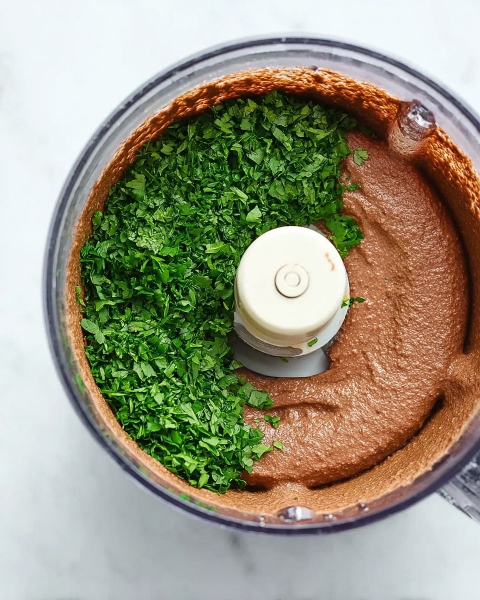 The image shows a clear food processor bowl filled with a smooth brown mixture covering about three-quarters of the inside. On top of one side of the brown mixture, there is a fresh layer of finely chopped green herbs, covering about one-quarter of the surface near the white central blade. The inside of the bowl and the blade are clearly visible, and the background is a white marbled texture. photo taken with an iphone --ar 4:5 --v 7