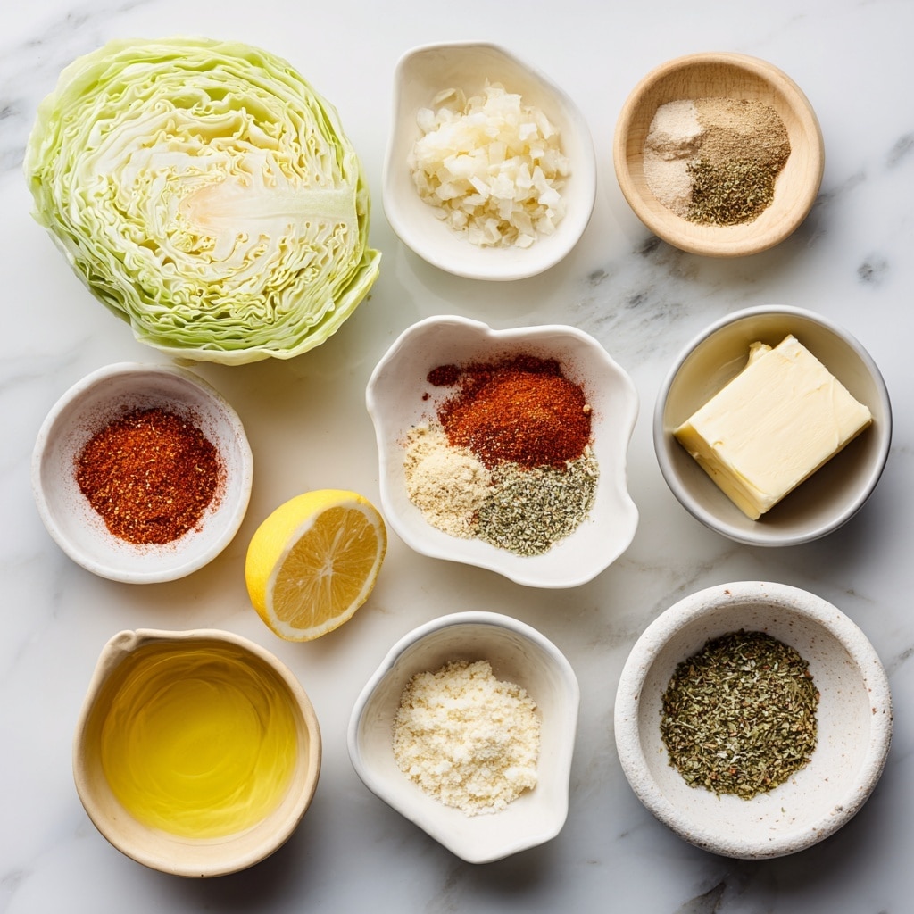 A round cabbage is roasted and placed in the center of a white plate. The cabbage has about 5 to 7 visible layers, each layer slightly charred and browned with a spicy reddish seasoning spread unevenly on the surface, creating a crispy texture on the edges. Small green herb leaves are sprinkled on top and around the cabbage, adding a fresh touch. Lemon wedges are positioned on the plate near the cabbage. The whole scene is set on a white marbled surface with soft natural light. Photo taken with an iphone --ar 4:5 --v 7