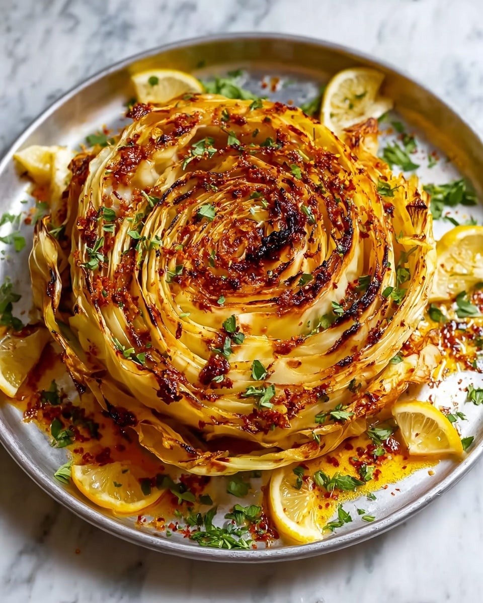 A small round cabbage with many thin layers showing clear texture is placed in the center of a white plate. The cabbage layers are roasted, showing a mix of golden brown, reddish-orange spices, and some charred dark spots giving a crispy look. Green herb sprigs are scattered around the cabbage on the plate, with a few lemon wedges placed to the side. The plate sits on a white marbled surface with soft lighting that highlights the colors and textures. Photo taken with an iphone --ar 4:5 --v 7