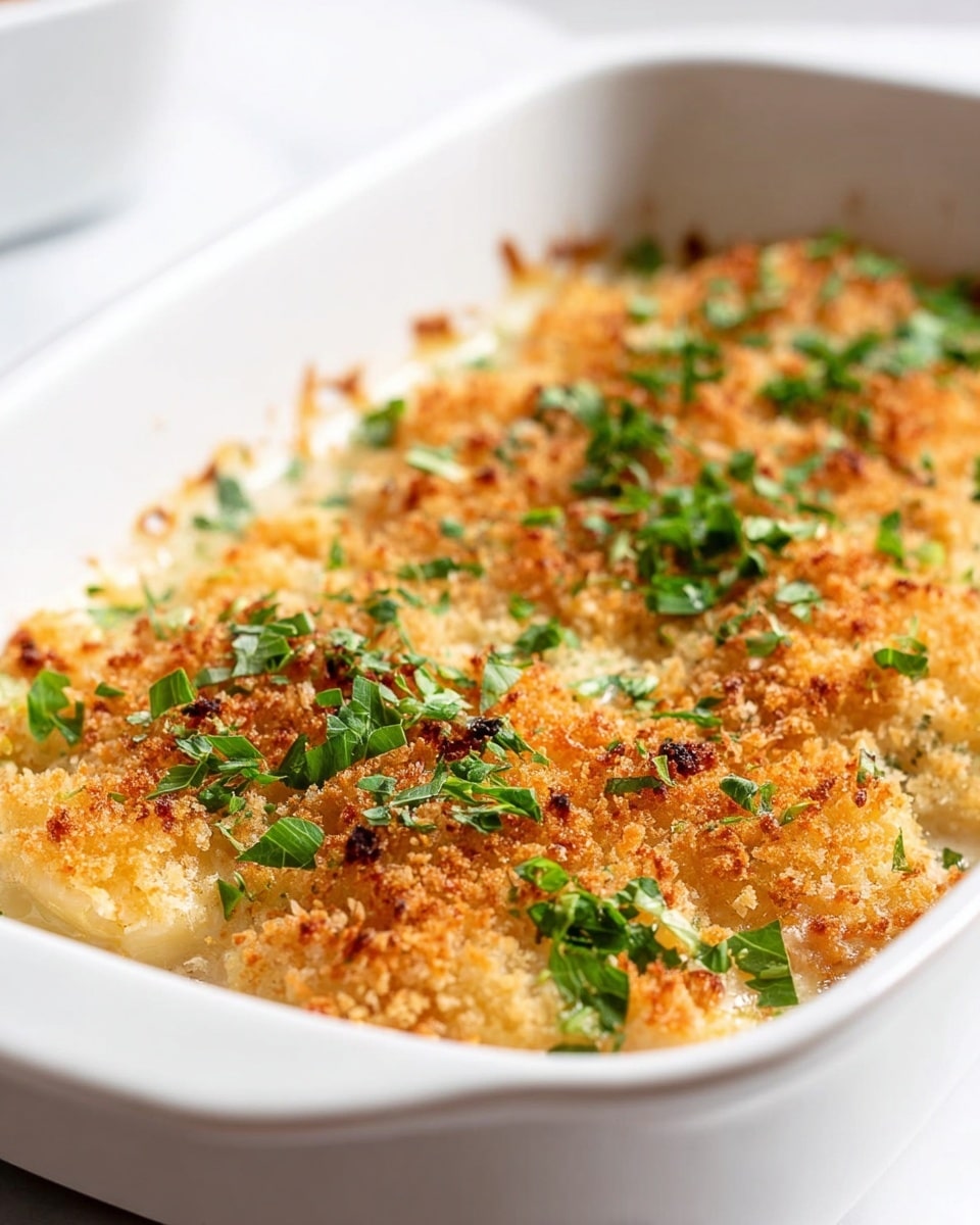 A white oval baking dish filled with layers of creamy, light beige scallops arranged evenly at the bottom, topped with a thick layer of golden-brown crispy breadcrumbs. Small green chopped herbs are sprinkled over the breadcrumbs, adding a fresh pop of color. The edges of the dish show some melted butter or sauce bubbling slightly, creating a glossy look around the scallops. The background is a white marbled surface. photo taken with an iphone --ar 4:5 --v 7