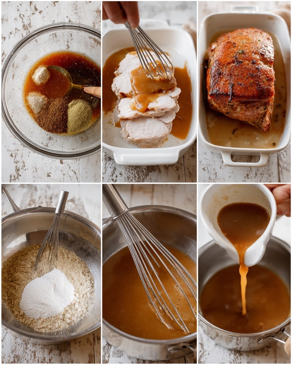 The image shows six step-by-step photos of making a dish. The top left photo has a clear glass bowl on a white marbled surface with dry spices and syrupy brown liquid being mixed by a metal whisk. The top middle photo shows slices of pale cooked meat stacked inside a white baking dish, being covered with a brown sauce using a white spoon held by a woman's hand. The top right photo presents a cooked meat roast with a dark golden-brown surface sitting in a white baking dish with sauce. The bottom left photo shows a shiny metal mixing bowl on a white marbled surface containing melted butter with white flour on top, ready to mix. The bottom middle photo has the same metal bowl with wet and dry ingredients partially mixed with a whisk, and brown sauce being poured in from a small jug. The bottom right photo shows a smooth, thick brown sauce in a metal pan with a white spoon lifting some sauce. photo taken with an iphone --ar 4:5 --v 7
