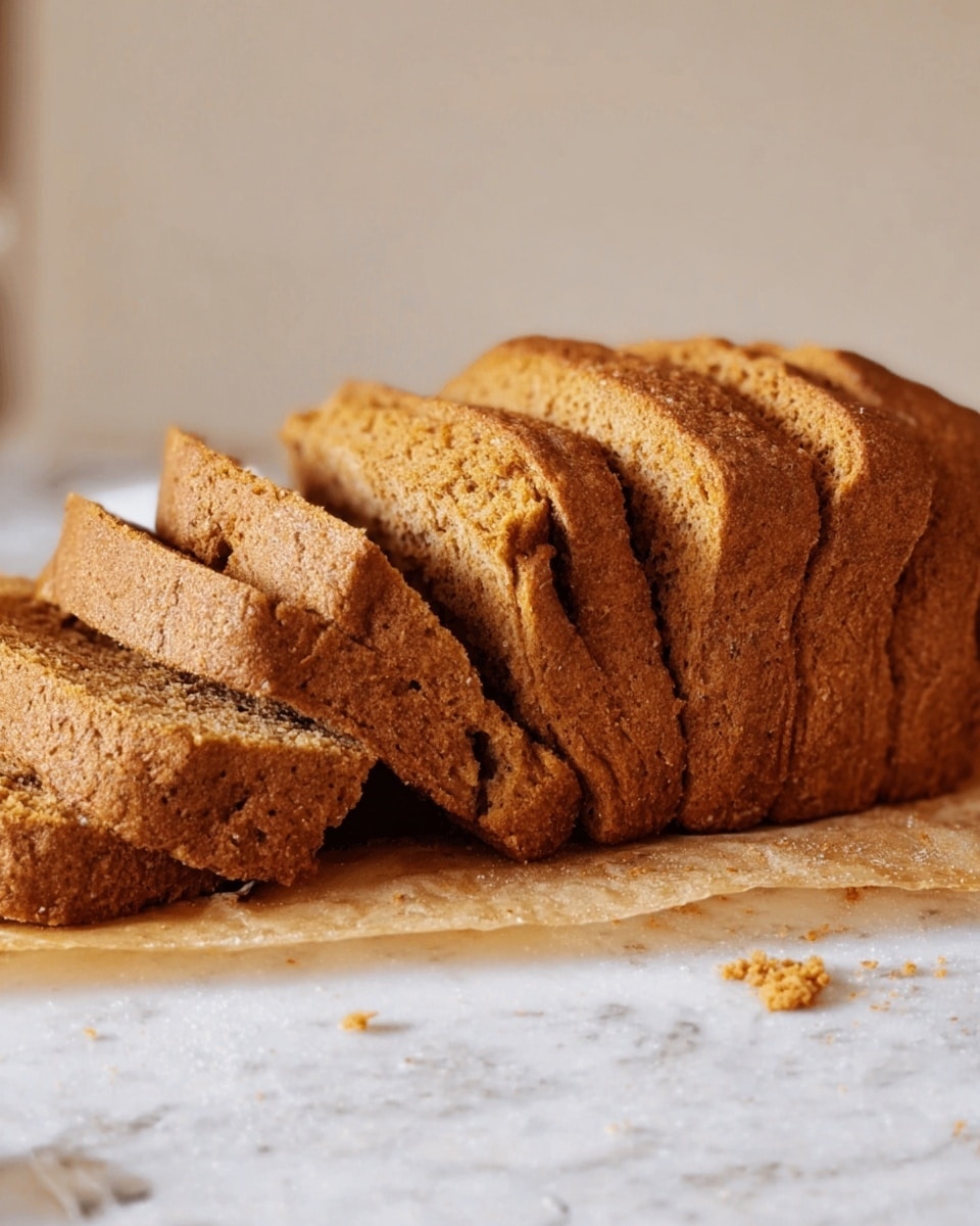 The image shows a loaf of brown bread sliced into thick pieces, arranged in a row on light brown parchment paper. The loaf has a rough, crumbly texture with small visible grains and a slightly uneven surface. The slices reveal a dense, moist interior that matches the darker brown crust on the outside. The background is plain and light-colored, with part of a woman's hand visible near the bread on the right side. The bread sits flat on the paper over a white marbled surface. photo taken with an iphone --ar 4:5 --v 7