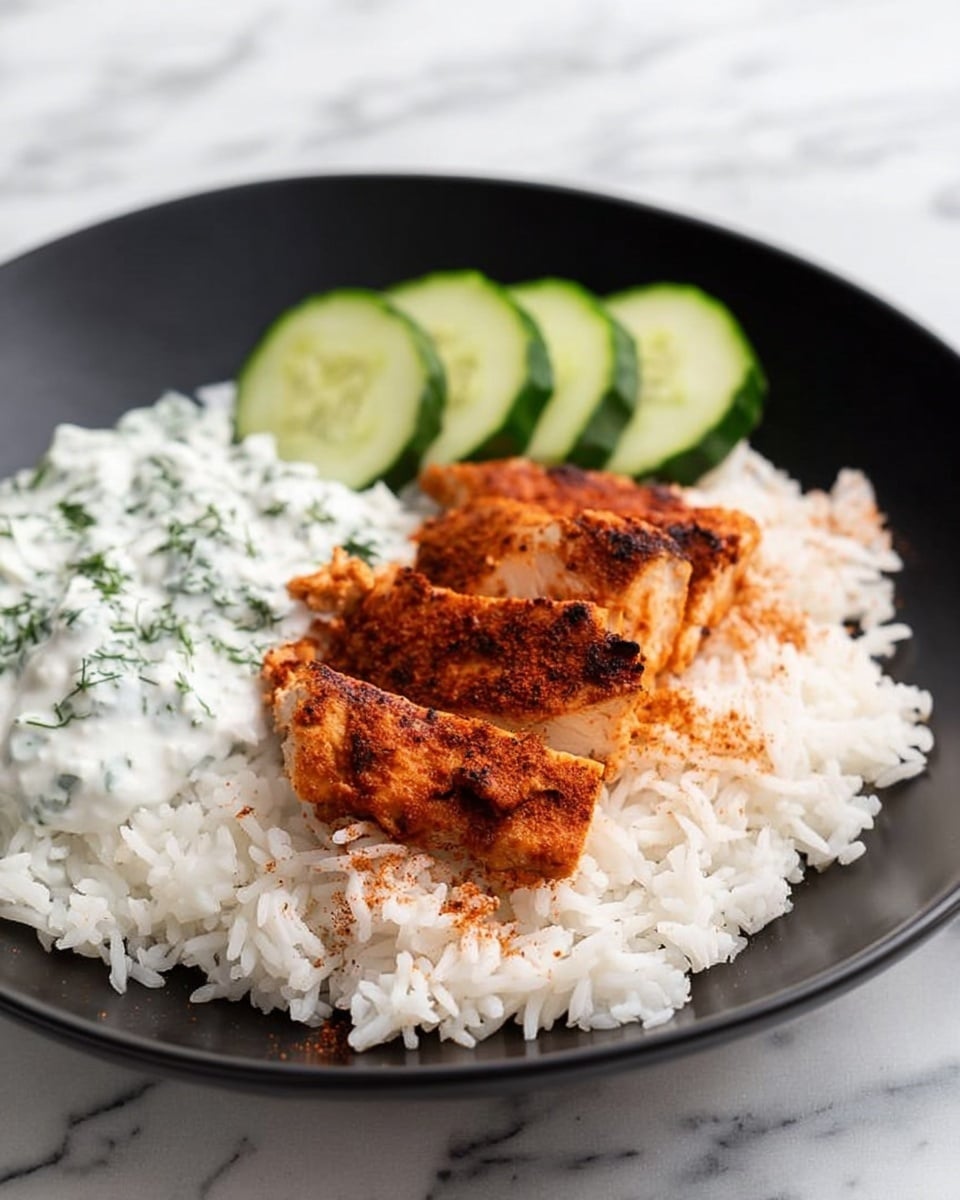 A black plate on a white marbled surface holds a meal with three main parts. Around the edge is a layer of white rice with a soft, fluffy texture that covers most of the plate. On one side, there are three thin slices of bright green cucumber, fresh and slightly shiny. Next to the cucumber, there is a creamy white sauce mixed with small green herbs, giving it a dotted texture. In the center of the plate, slightly overlapping the rice, are several pieces of cooked chicken seasoned with a reddish-brown spice, showing a slightly crispy surface and light pink inside. The dish is simple and colorful. Photo taken with an iphone --ar 4:5 --v 7