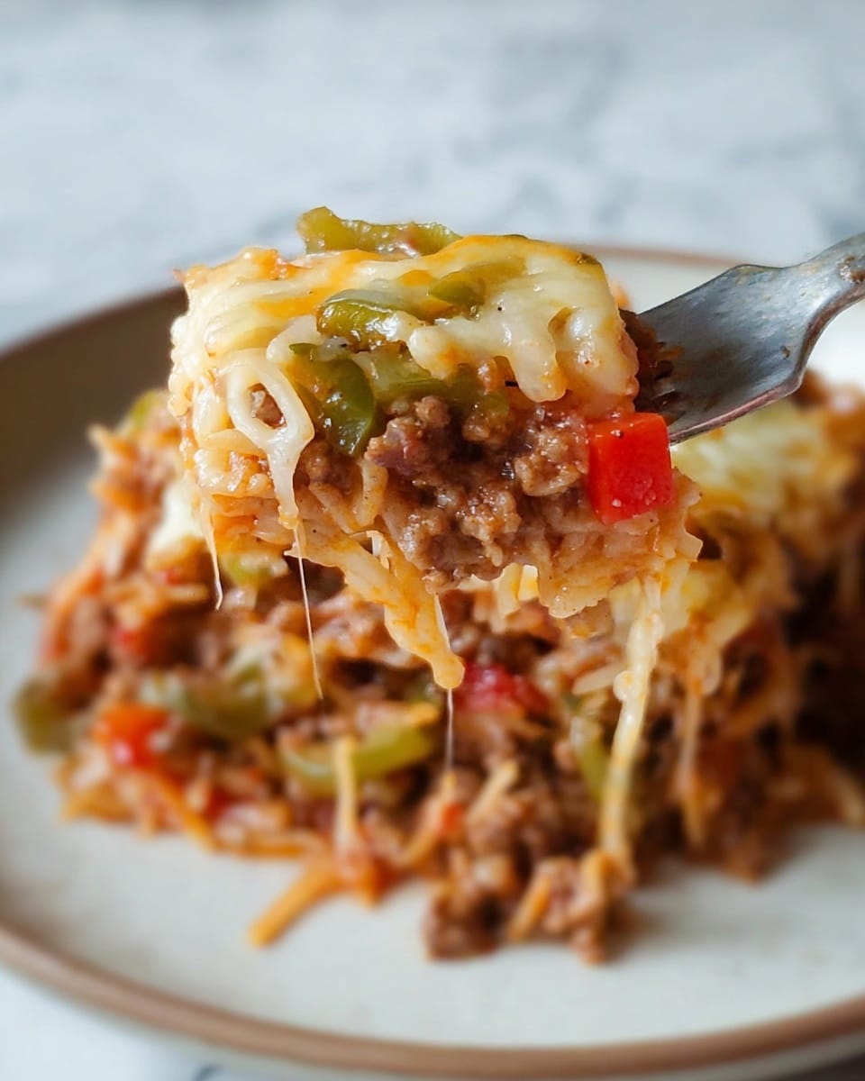 A close-up of a fork holding a bite of a mixed dish with several layers. The top layer is light golden shredded cheese that melts down, mixed with small pieces of green bell pepper. Below, there is a chunky layer of brown cooked ground meat combined with a sauce that has visible bits of red tomato and small red pepper pieces. The base shows more of the shredded cheese melting into the meat and vegetable mix. The dish is served on a plain white plate with a white marbled textured background. photo taken with an iphone --ar 4:5 --v 7