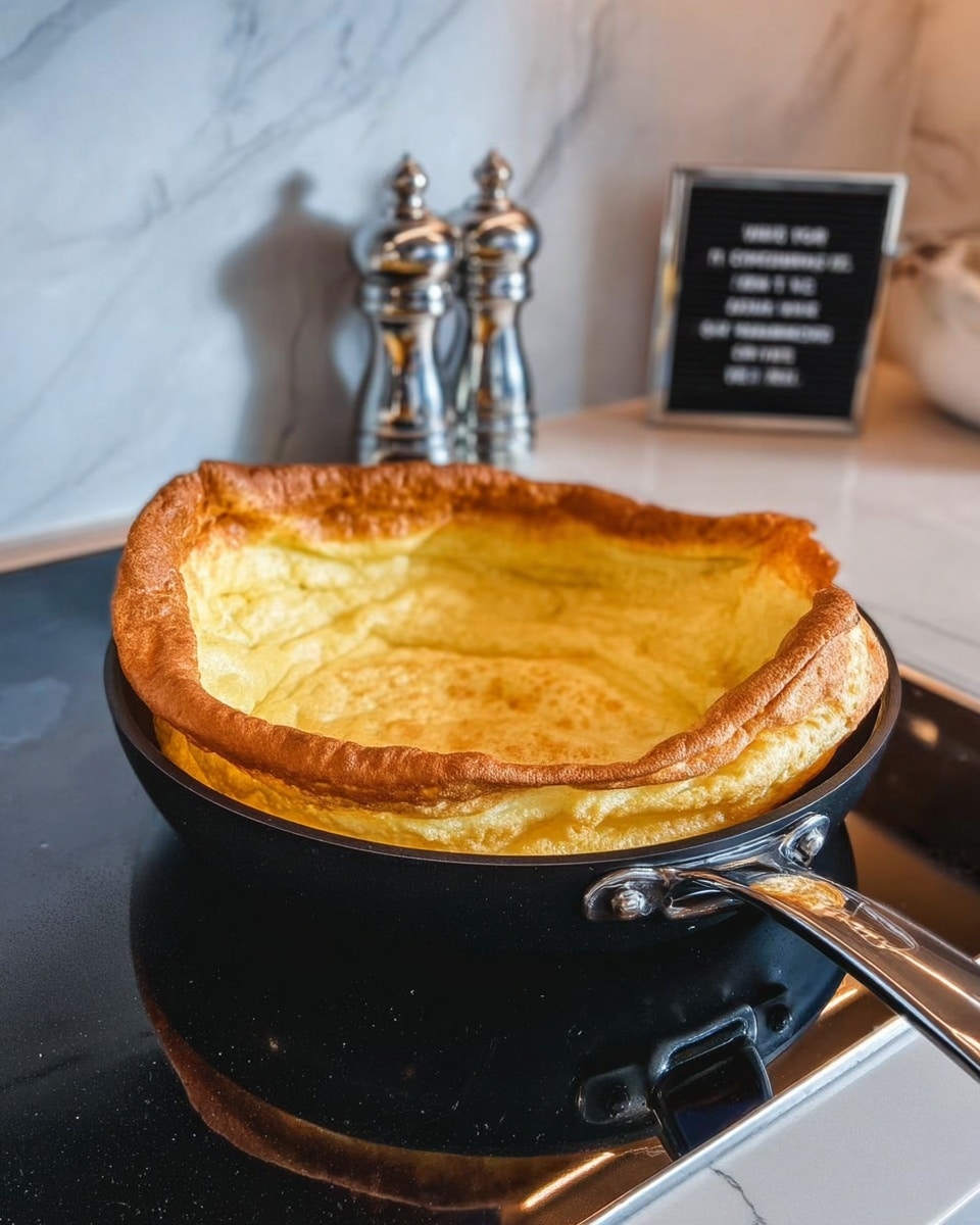 A fluffy, golden-yellow puffed pancake sits in a black frying pan with a shiny metal handle resting on a stove. The pancake’s edges are tall, wrinkled, and slightly browned, while the center is smooth and hollow like a bowl. Behind the pan, there is a white marbled wall with two silver salt and pepper shakers on the left. To the right, a small white sign with black text about conversions stands upright. The whole scene is set on a shiny black stove surface, reflecting the pan’s handle. Photo taken with an iphone --ar 4:5 --v 7