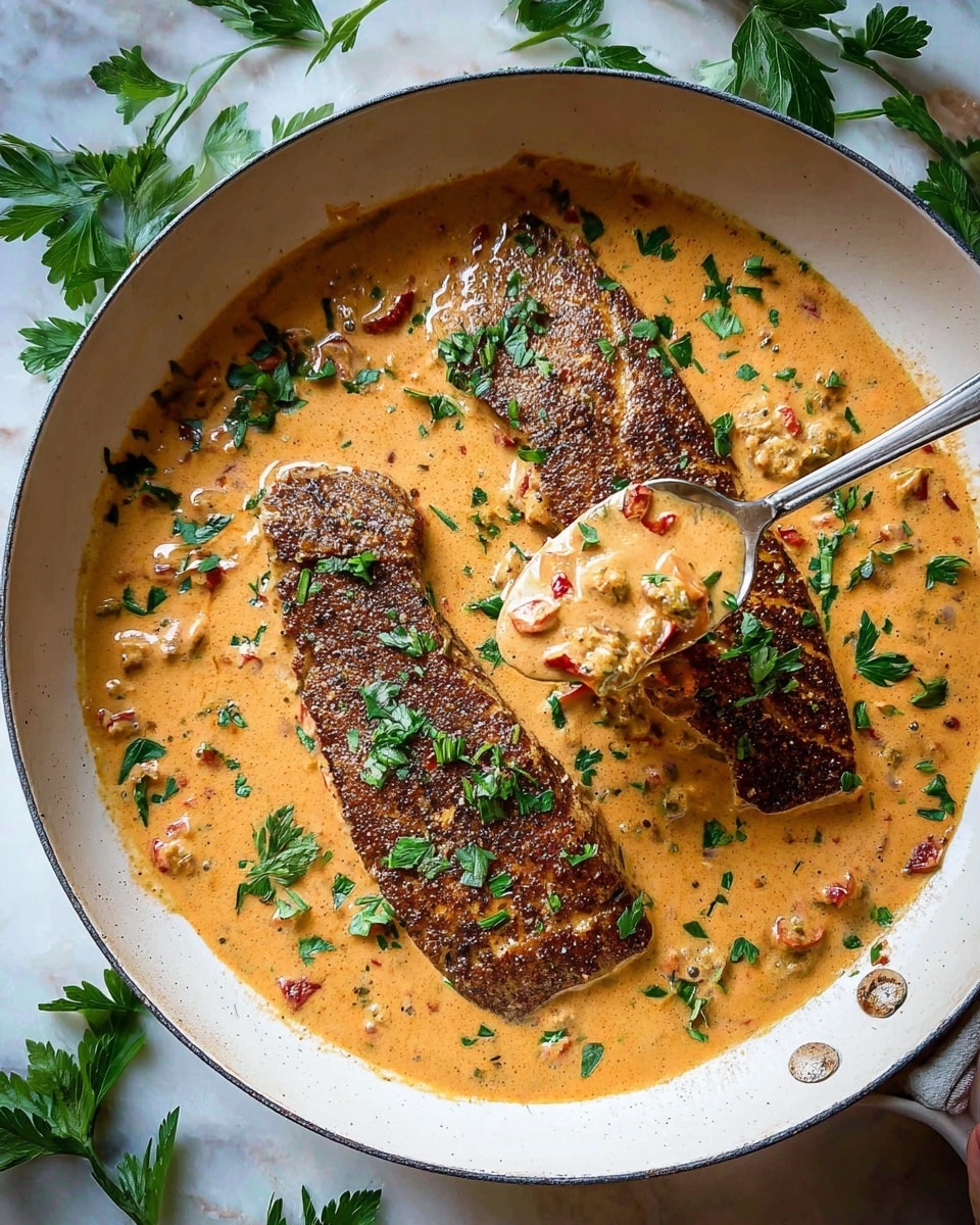 Two dark brown seasoned and cooked fish fillets lie side by side in the middle of a white pan, covered with a thick creamy orange sauce with visible bits of red pepper and herbs mixed in. The sauce spreads evenly across the bottom, creating a smooth base layer, while green chopped parsley is sprinkled on top of the fillets and sauce for extra color. Several whole parsley leaves decorate the edges of the pan. A silver spoon held by a woman's hand, positioned on the right side, scoops some sauce over one fish fillet. The pan is placed on a white marbled surface with scattered parsley leaves around it photo taken with an iphone --ar 4:5 --v 7