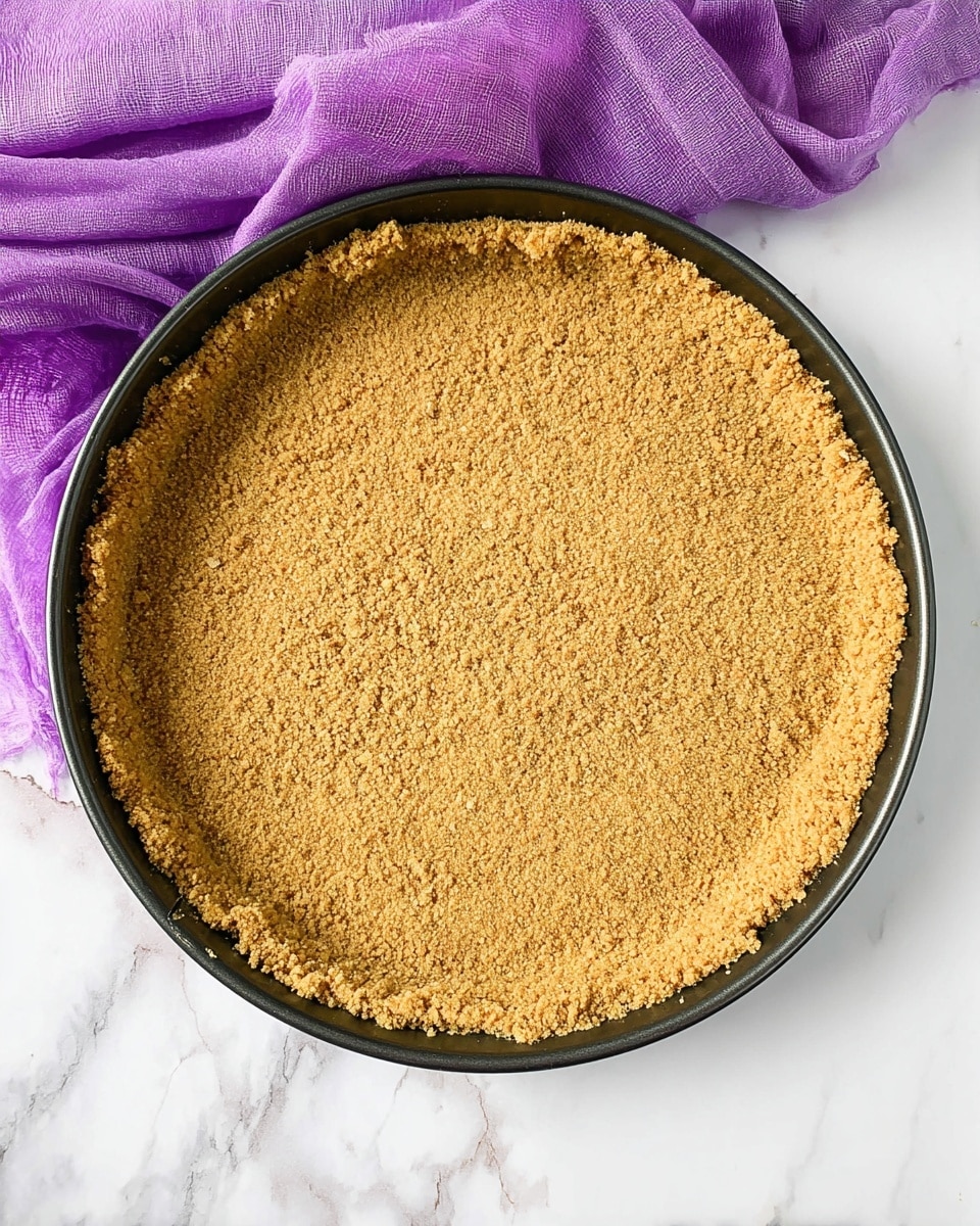 The image shows a single-layer graham cracker crust pressed into a black round springform pan. The crust is light golden brown with a rough, crumbly texture covering the entire base and sides of the pan evenly. The pan sits on a white marbled surface with a purple cloth nearby. Photo taken with an iphone --ar 4:5 --v 7