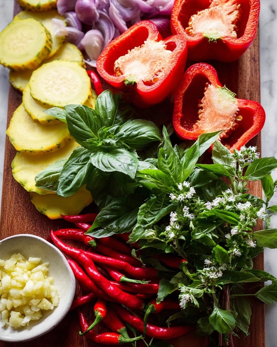 The image shows a wooden board filled with fresh vegetables and herbs arranged in layers. On the bottom, there are whole red chili peppers with a shiny smooth surface, next to bright green basil leaves with small white flowers spread over and around them. Above, there are two halves of a red bell pepper showing the inside seeds and texture. To the left, thin slices of pale yellow squash are stacked neatly, accompanied by sliced purple shallots with a smooth shiny texture. At the bottom left corner, there is a small white plate holding finely chopped garlic with a light yellow color. The whole setup is placed on a white marbled surface. Photo taken with an iphone --ar 4:5 --v 7