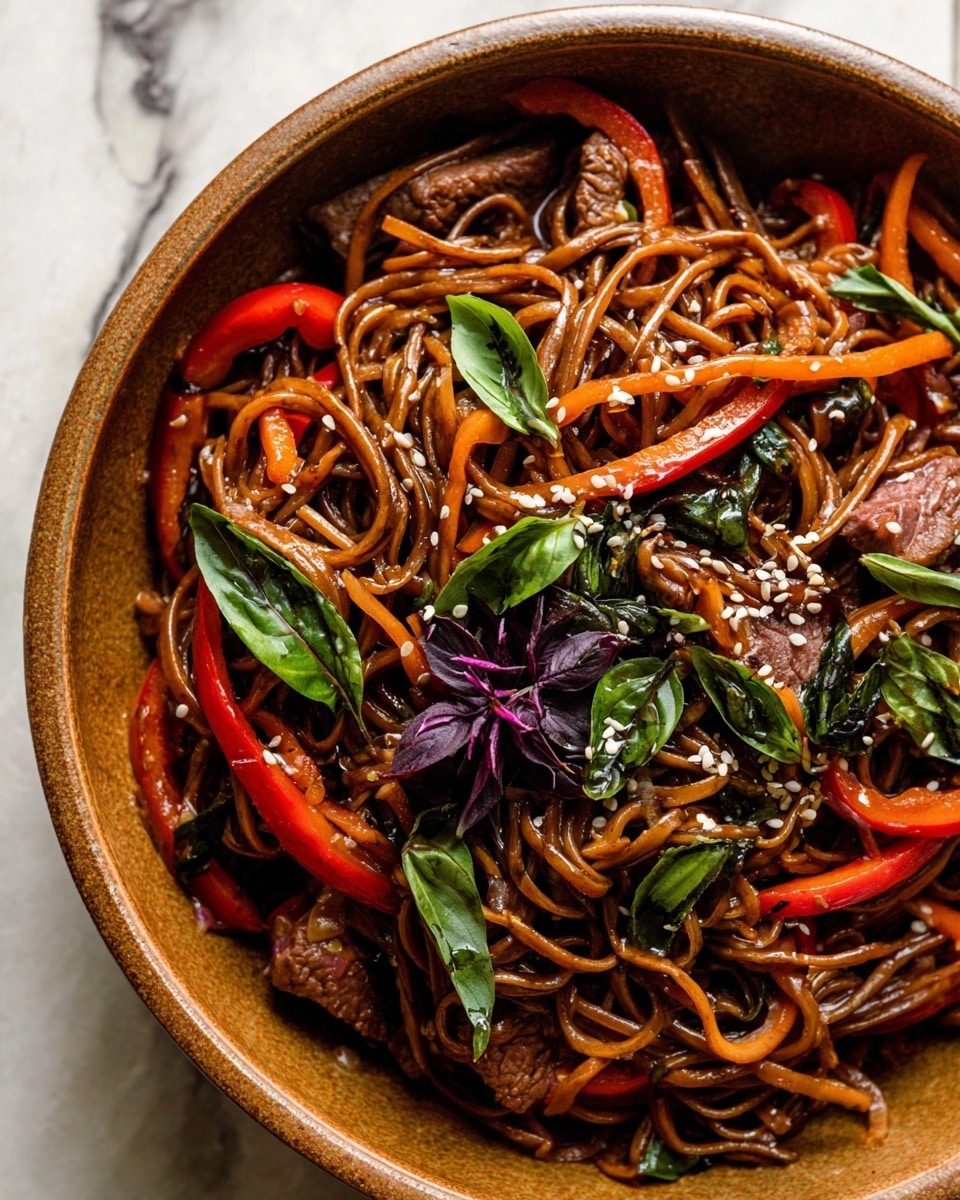 A bowl filled with dark brown noodles mixed with slices of cooked meat and red bell pepper strips. Scattered green basil leaves and purple flower stems sit on top, with white sesame seeds sprinkled over everything. The bowl is ceramic with a rustic, earthy tone, set on a white marbled surface. photo taken with an iphone --ar 4:5 --v 7