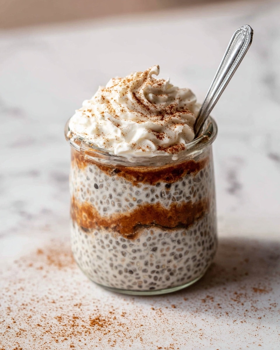 A close-up photo of a clear glass jar filled with three visible layers of a creamy, light brown and dark speckled mixture, topped with a thick layer of smooth, white whipped cream that has soft peaks. On top of the whipped cream is a generous sprinkle of fine, light brown powder, unevenly spread, adding texture and color contrast. The jar sits on a white marbled surface with soft lighting highlighting the textures and layers. Photo taken with an iphone --ar 4:5 --v 7