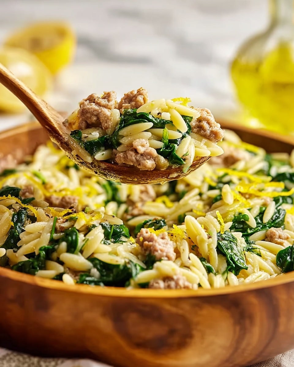 A white wooden bowl filled with a creamy dish featuring three main layers: the base layer consists of small, creamy orzo pasta with a glossy texture, scattered evenly throughout; the middle layer has bright green wilted spinach leaves mixed gently within the orzo; the top layer contains small chunks of lightly browned sausage pieces and a sprinkling of shredded pale yellow cheese along with thin strips of yellow lemon zest, all visible on the surface. The bowl sits on a soft yellow cloth, and the background is a white marbled surface with a blurred bottle of olive oil nearby. photo taken with an iphone --ar 4:5 --v 7