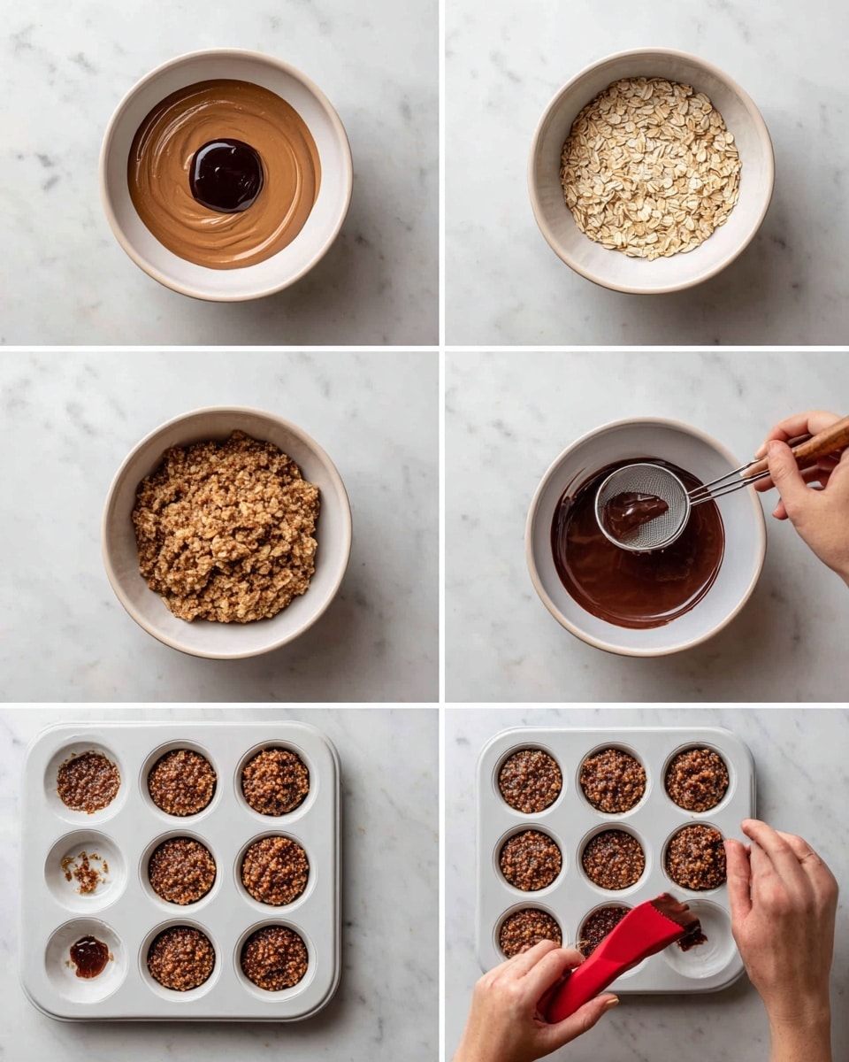 The image shows six steps of making a dessert, all taken on a white marbled surface. In step 1, there is a white bowl with a smooth light brown mixture and a dollop of dark syrup in the center. Step 2 shows the same bowl now filled with the light brown mixture and topped with a heap of oat flakes. Step 3 displays the mixture blended into a thick, chunky, light brown oat mixture with a rough texture. Step 4 features a white muffin tray with the oat mixture evenly divided into each cup; a woman's hand is holding a sieve above the tray. Step 5 has a white bowl filled with melted dark chocolate being stirred with a red spatula. Step 6 shows the muffin tray filled with the oat base topped with a smooth layer of dark chocolate. Photo taken with an iphone --ar 4:5 --v 7