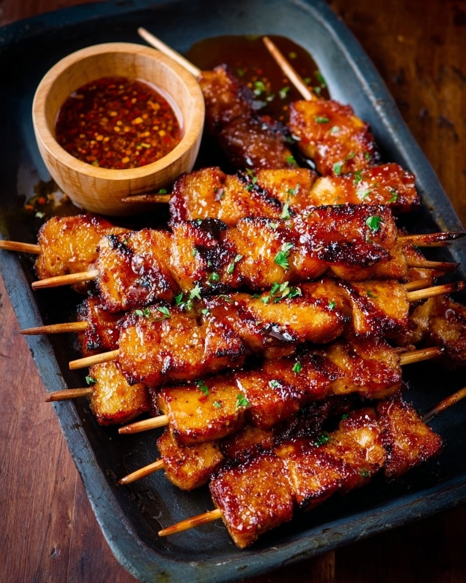 The image shows a black tray filled with many shiny, golden-brown grilled chicken pieces on small wooden skewers. The chicken has a sticky glaze with small red and white bits on top, giving it a slightly rough texture. On the top left side of the tray, there is a round wooden bowl filled with thick dark sauce that has red chili flakes and seeds floating in it. A few small green herb pieces are lightly scattered over the chicken. The tray is resting on a white marbled surface. photo taken with an iphone --ar 4:5 --v 7