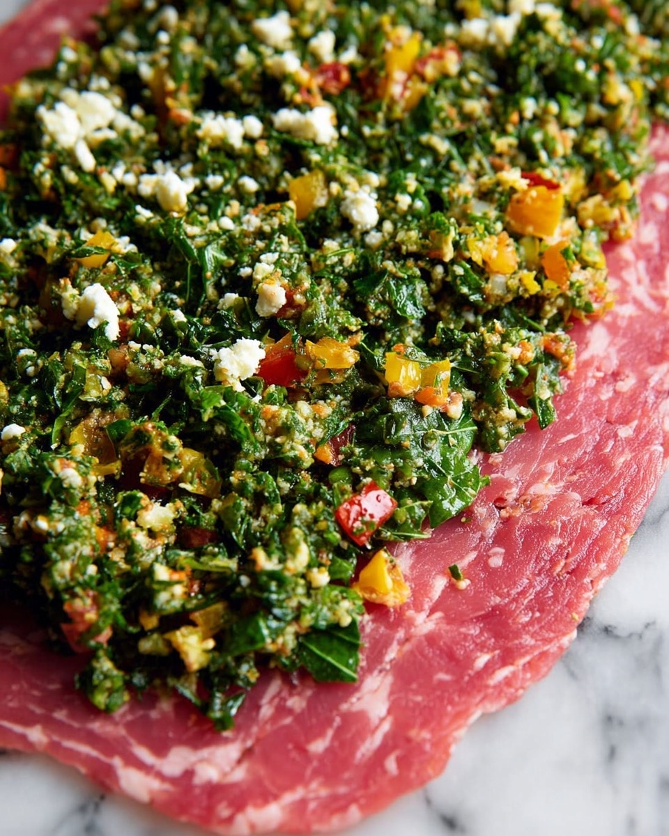 The image shows a close-up of a thin layer of pink meat spread flat on a white marbled surface. On top of the meat, there is a thick layer of chopped green leafy vegetables mixed with small orange and yellow pieces that look like roasted peppers or vegetables. Sprinkled over the green layer are small, crumbly white bits that resemble cheese. The textures show the smoothness of the raw meat underneath with a rough and chunky texture of the vegetable and cheese mixture on top, creating a rich and colorful contrast. Photo taken with an iphone --ar 4:5 --v 7