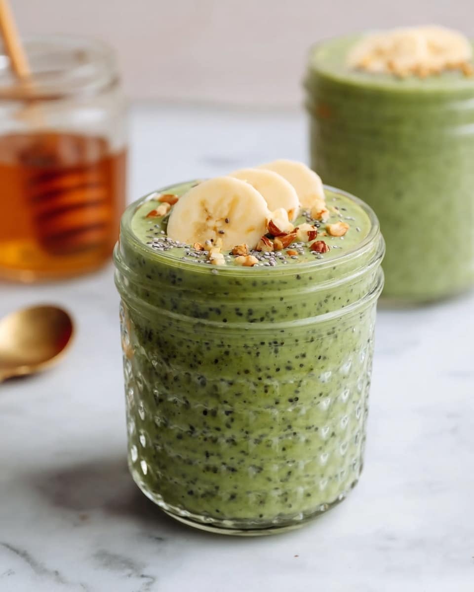 The image shows a clear glass jar filled with a thick, green creamy mixture with visible small chia seeds spread evenly throughout. The jar has a textured pattern on the outside and is filled to the top. On the surface of the green mixture, there are pieces of crunchy nuts and three round slices of banana placed vertically and leaning slightly to the side. In the background, another jar with the same green mixture is slightly blurred, and the scene is set on a white marbled surface with a blurred jar of honey and a spoon nearby. Photo taken with an iphone --ar 4:5 --v 7