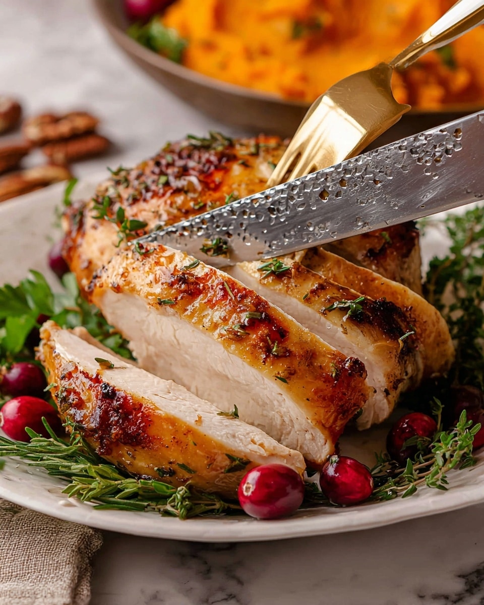 A white plate holds a golden-brown roasted chicken piece being sliced with a shiny textured knife and held by a gold fork. The chicken has a crispy, caramelized skin with a sprinkling of green herbs on top. There are three visible sliced layers of the chicken showing a juicy, white interior. Around the base of the chicken, fresh green herbs and several bright red cranberries add vibrant colors. The background features a white marbled texture and a serving dish with orange mashed sweet potatoes topped with pecans slightly blurred at the back. Photo taken with an iphone --ar 4:5 --v 7