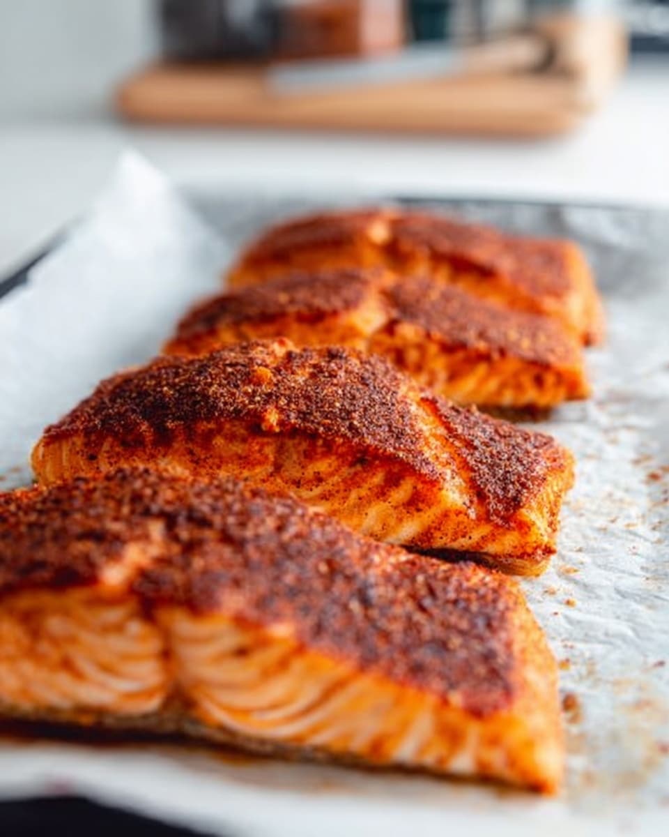 The image shows four pieces of cooked salmon lined up in a row on white parchment paper over a baking tray, each piece covered with a spicy reddish-brown seasoning crust. The salmon pieces have a bright orange color under the seasoning and a slightly crispy texture on top. The background is a white marbled surface with blurry kitchen items in the distance. Photo taken with an iphone --ar 4:5 --v 7