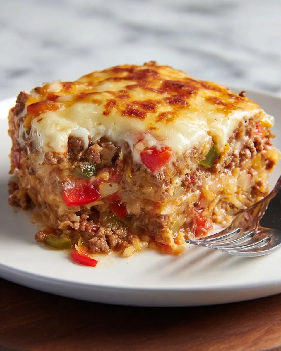A thick slice of layered casserole is placed on a white plate with a bite taken from one corner, showing about five layers: a browned, melted cheese layer on top that has a slightly crispy texture with golden spots; below that, a dense mix layer containing ground meat with visible small pieces of red and green bell peppers and onions; the middle layers consist of a mix of shredded cheese and meat combined with soft slightly textured vegetables, giving the dish a chunky and moist look; the bottom layer is similar to the middle but a bit firmer. The plate rests on a white marbled surface with a fork nearby. The lighting highlights the creamy and textured parts of the dish. Photo taken with an iphone --ar 4:5 --v 7