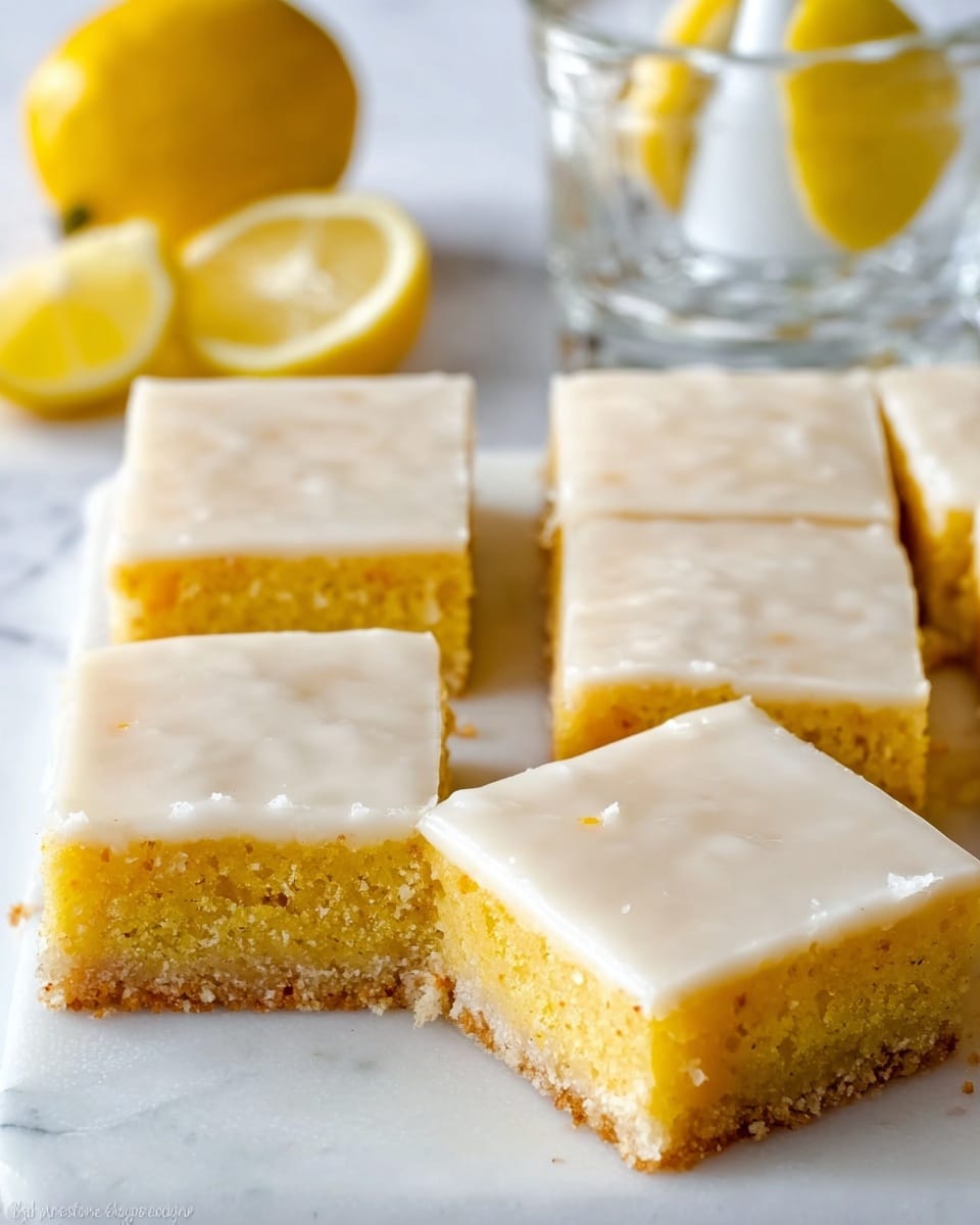 The image shows a set of square lemon bars arranged in a group on a white marbled surface. Each bar has two distinct layers: a bright yellow, crumbly bottom layer with a slightly grainy texture and a smooth, creamy white top layer of lemon glaze that looks shiny and slightly thick. The bars are neatly cut, one bar slightly pulled away from the group, revealing the thickness of both layers. In the background, to the upper left, there is a halved lemon and a clear glass lemon juicer with a lemon half on top, all sitting on the same white marbled surface. photo taken with an iphone --ar 4:5 --v 7