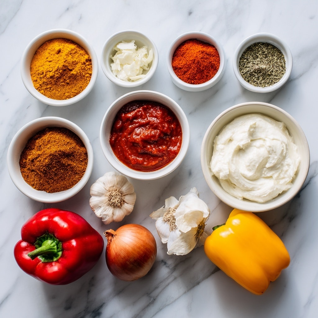 A close-up view of a thick, smooth orange-brown curry sauce in a white bowl, with small chunks visible beneath the creamy surface. There are white cream swirls drizzled on top, creating a marbled effect, along with small red chili flakes scattered throughout. A single green coriander leaf rests on the surface near the right edge of the bowl. The bowl is placed on a white marbled texture background. photo taken with an iphone --ar 4:5 --v 7