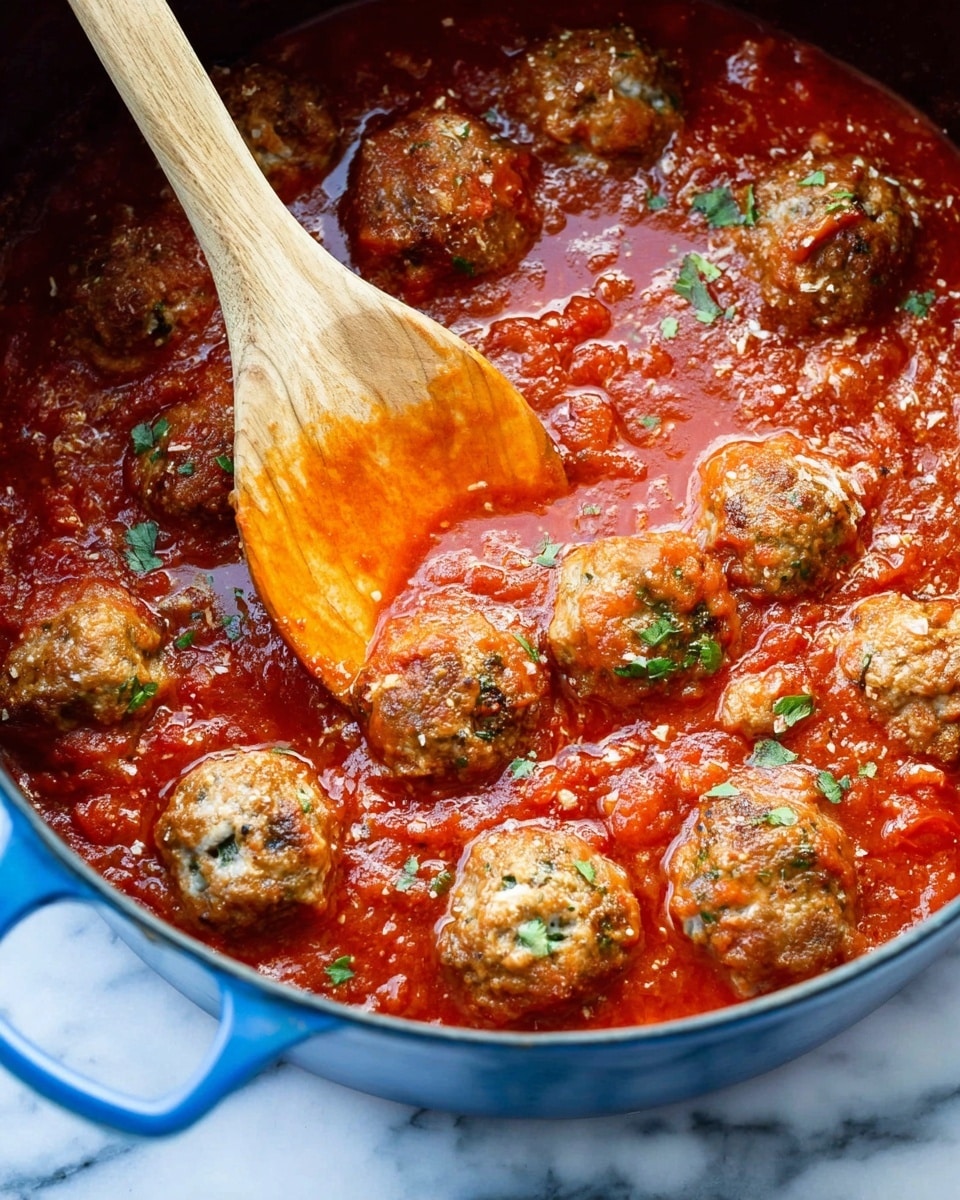 A close-up view of several round meatballs covered with thick red tomato sauce, stacked closely together on a white plate. One meatball is split in half on the right side, showing a light brown interior mixed with small green and white bits, held by a silver fork. The tomato sauce looks chunky and coats each meatball unevenly, creating a bright and rich contrast with the brown meat. The background and surface have a white marbled texture. Photo taken with an iphone --ar 4:5 --v 7