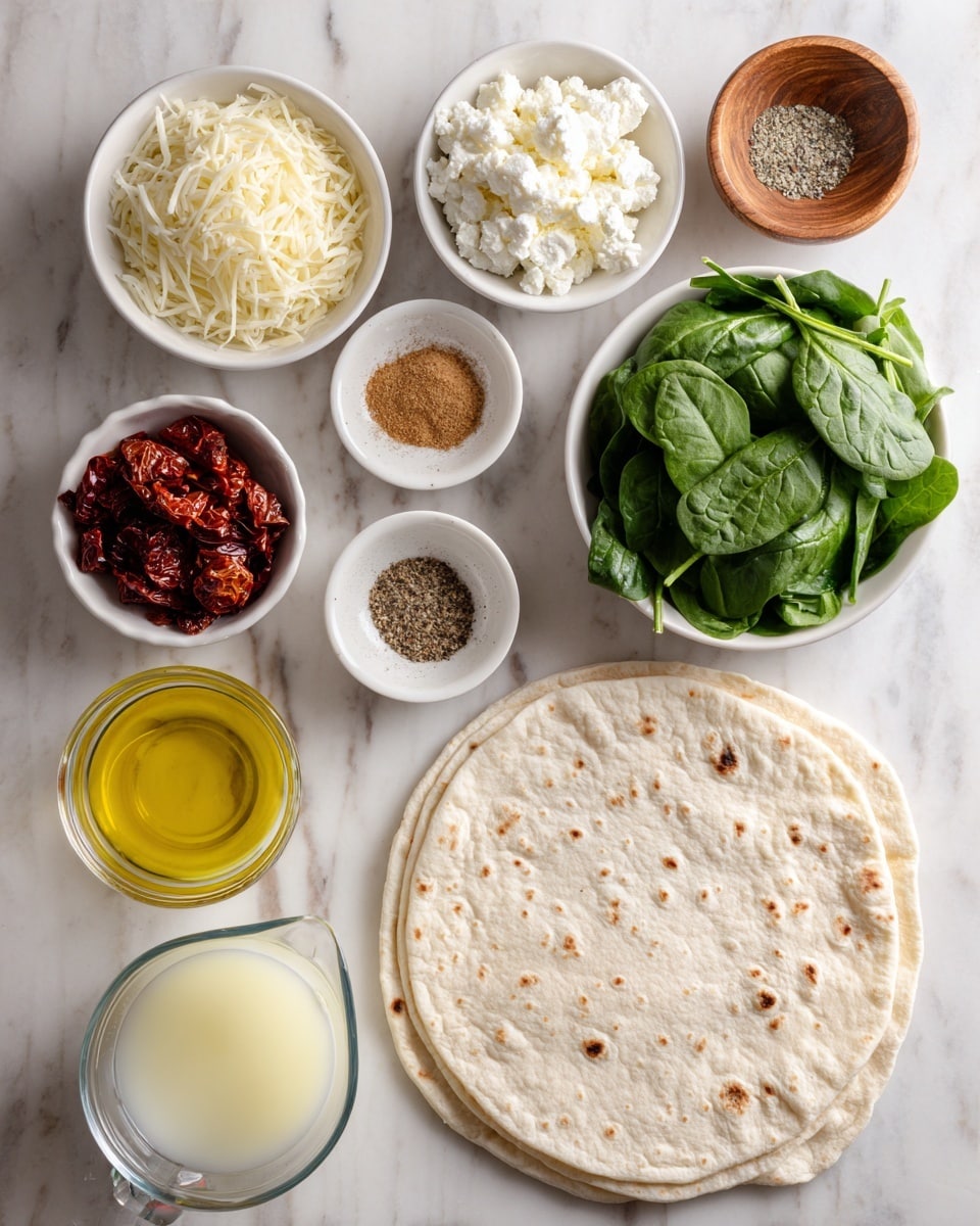 The image shows all ingredients arranged neatly on a white marbled surface for making a flatbread wrap. On the right side is a large, light beige flatbread wrap with a soft, slightly textured surface. Around it are small white bowls holding shredded mozzarella cheese, fresh green spinach leaves, crumbled white feta cheese, and deep red sun-dried tomatoes. There are also small wooden bowls with golden olive oil and beige garlic powder. A small white bowl contains mixed Italian seasoning, and a shallow white dish holds salt and black pepper. At the bottom left is a clear glass measuring cup filled with pale yellow egg whites. The ingredients are spaced evenly, showing their colors and textures clearly, photo taken with an iphone --ar 4:5 --v 7