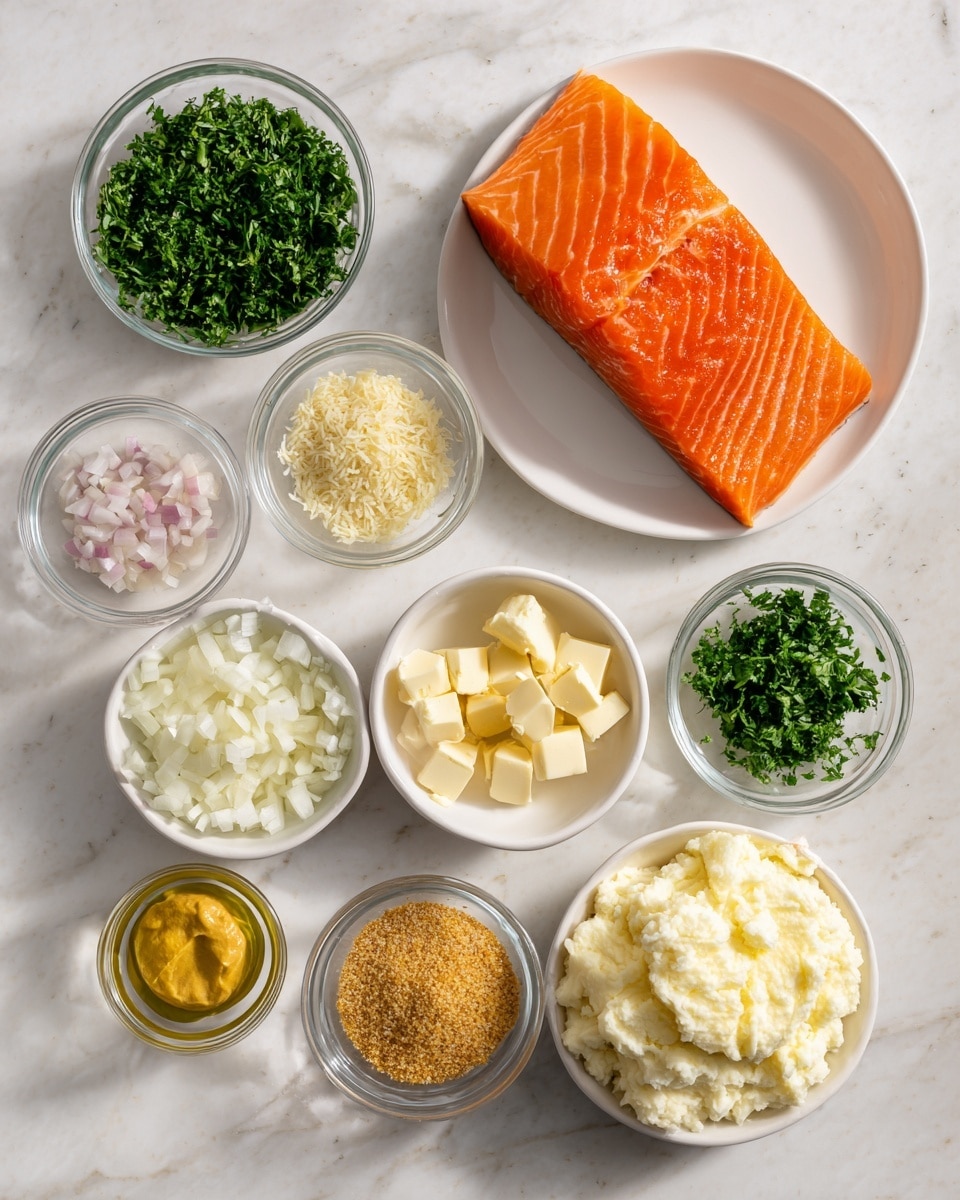 The image shows ingredients laid out on a white marbled surface for making a salmon dish. At the top right, there is one large piece of bright orange salmon with smooth texture placed on a white plate. Surrounding it are small white bowls containing finely chopped parsley (dark green leaves), pale pink chopped shallots, light yellow butter, minced white garlic, and a pale yellow oil. There is a bowl with creamy white mashed potatoes in the center. Two more clear bowls hold light brown breadcrumbs and golden brown Old Bay seasoning. A small bowl on the side contains smooth, mustard yellow Dijon mustard. Each ingredient is neatly arranged and clearly visible, all set against the clean white marbled background. Photo taken with an iphone --ar 4:5 --v 7