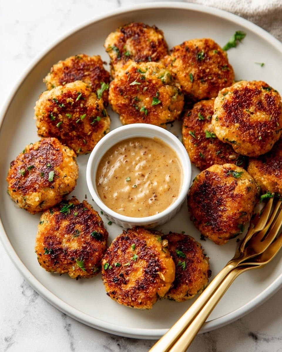 A white plate with crispy, golden brown patties that have a rough, crunchy texture, each sprinkled with small green herb pieces and coarse salt. In the center of the plate is a small white bowl filled with a thick, creamy, light brown sauce with small green bits on top. A woman's hand is holding one patty, dipping it halfway into the sauce. The plate sits on a white marbled surface with a blurred background. photo taken with an iphone --ar 4:5 --v 7