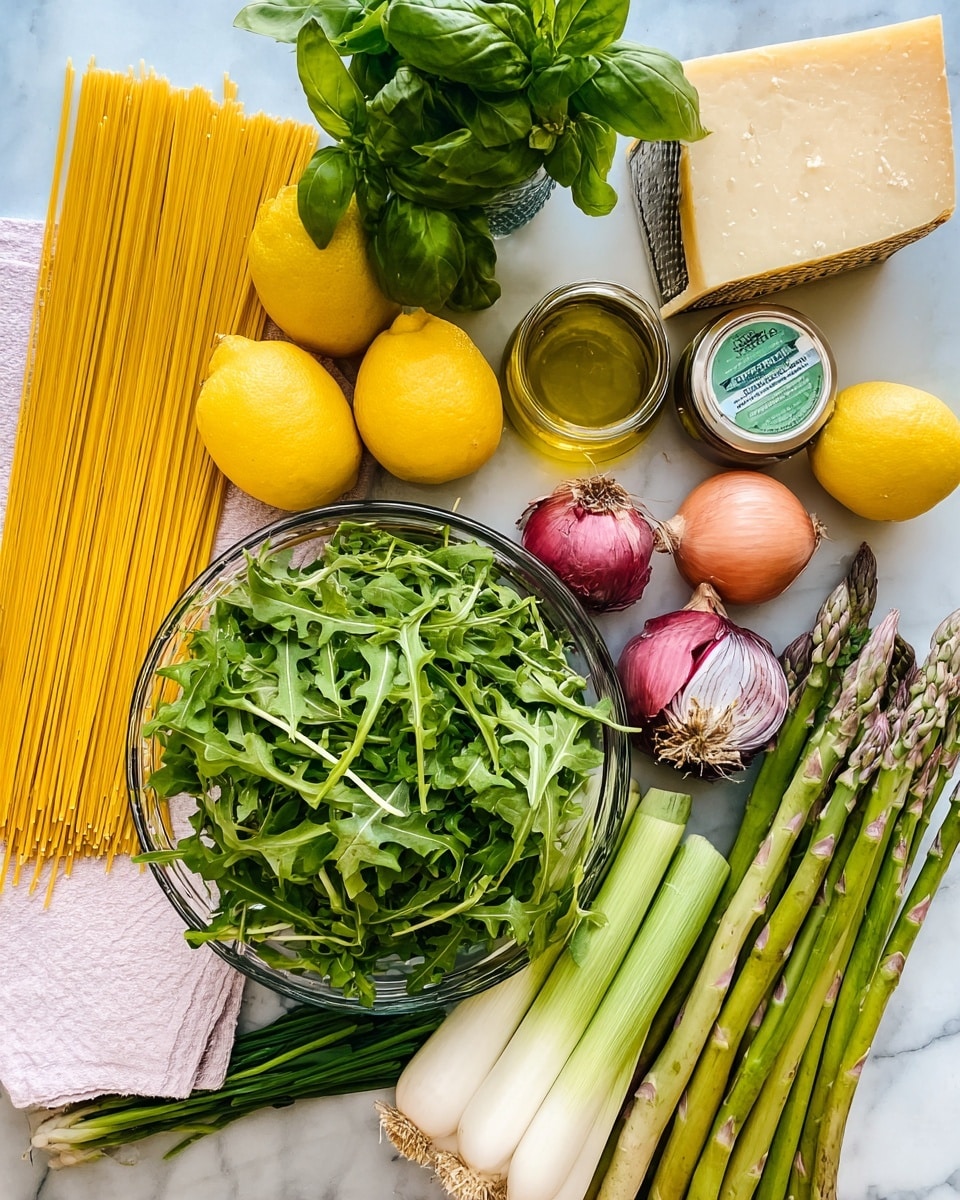 The image shows a clear glass bowl placed in the center filled with fresh green arugula leaves with jagged edges and a slightly curly texture. To the left of the bowl, there is a bunch of uncooked yellow pasta laying flat on a white marbled surface, slightly overlapping with a triangular block of pale yellow Parmesan cheese that has a smooth, slightly grainy texture and a label on top. Above the pasta and cheese, two whole lemons with bright yellow, slightly shiny rinds sit beside peeled garlic cloves showing off their smooth, off-white skin. Moving upwards, a few shallots with shiny reddish-pink skins are nestled near a small glass jar filled with golden olive oil. Above the bowl, a bunch of fresh green basil leaves with a smooth, waxy surface and visible veins are tightly clustered. A large bunch of green asparagus, with light purple tips and firm stalks, are arranged on the right side. To the right of the asparagus, there is a bundle of fresh chives with smooth, thin, and green stalks lying neatly on a white paper towel. Next to the chives, a white leek with a firm, smooth surface and pale green top lies horizontally on the white marbled surface. At the bottom right, a purple measuring cup filled with frozen green peas, some with a light frost texture, completes the arrangement. Photo taken with an iphone --ar 4:5 --v 7