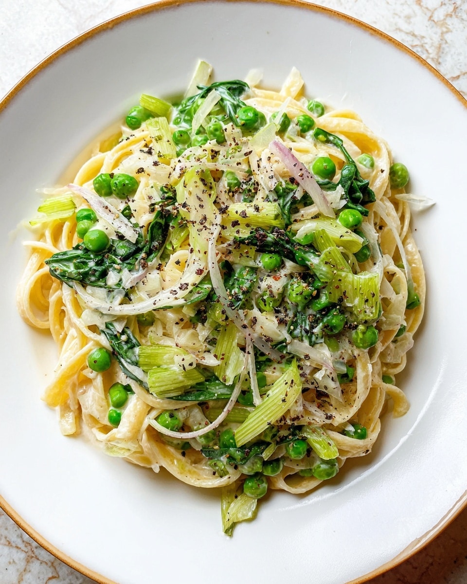 A white plate holds creamy pasta made of light yellow noodles as the base layer. On top, there is a mix of small green peas, chopped translucent onions, and thin strips of pale green leeks, with some dark green spinach leaves scattered throughout. The dish is sprinkled with cracked black pepper over the entire surface. The background is a white marbled texture. photo taken with an iphone --ar 4:5 --v 7