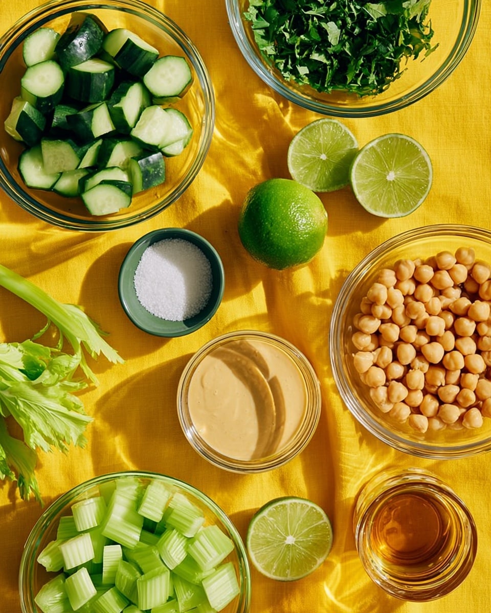 A top view of several clear glass bowls and a can on a bright yellow cloth, each holding different ingredients: one bowl filled with chopped cucumber pieces featuring dark green skin, another bowl of chopped celery with pale and light green shades, a bowl with finely chopped fresh green herbs, a small dish with white salt, a small bowl with honey showing a golden liquid, a larger bowl containing a creamy beige sauce with smooth texture, and a can filled with round light brown chickpeas. In the middle, there are two lime halves showing light green inside and one whole lime with dark green skin. The whole setting is vibrant and colorful with a bright yellow cloth underneath it all. Photo taken with an iphone --ar 4:5 --v 7