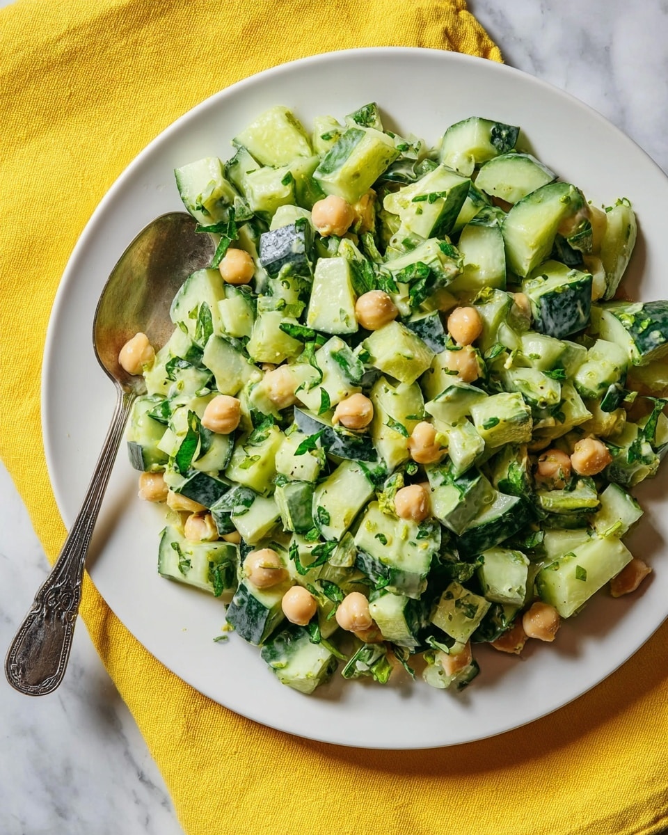 A white plate holds a fresh salad made of three main layers: the bottom layer is chopped cucumber pieces with a mix of light green and dark green skin; scattered throughout are round, light beige chickpeas adding a soft texture; the top layer includes small chopped fresh green herbs sprinkled evenly, giving a touch of freshness. On the left side of the plate, there is a silver spoon partly resting on the salad. The plate sits on a bright yellow cloth, and the whole scene is set on a white marbled background. photo taken with an iphone --ar 4:5 --v 7